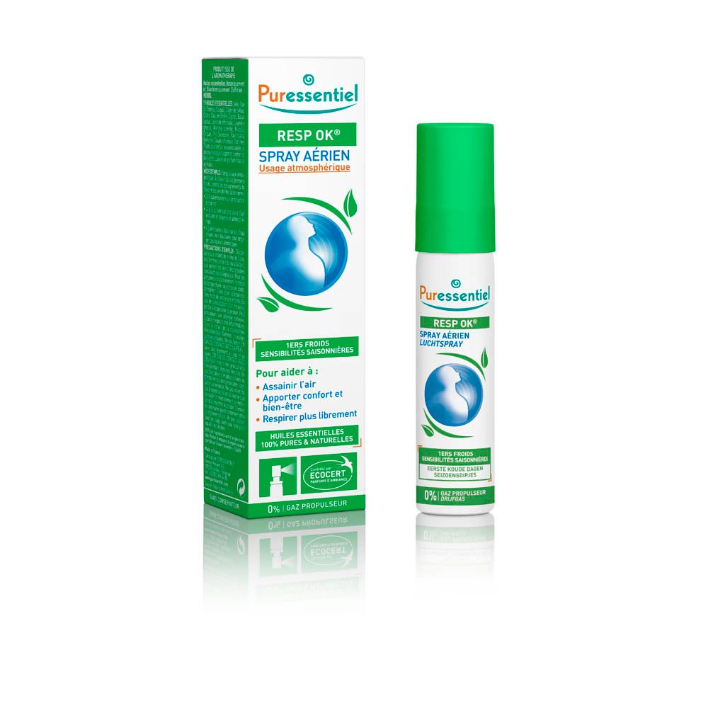 Puressentiel luchtspray. Groen en wit. Tekst: RESP OK, Spray aérien. ECOCERT-logo.