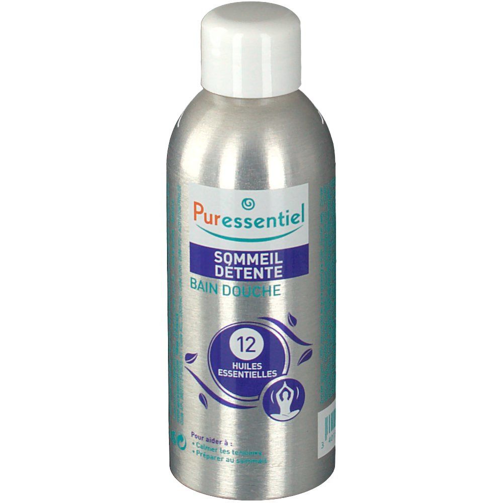 Flacon argenté, bouchon blanc. Inscription: Sommeil Détente Bain Douche, 12 Huiles Essentielles. Marque: Puressentiel.