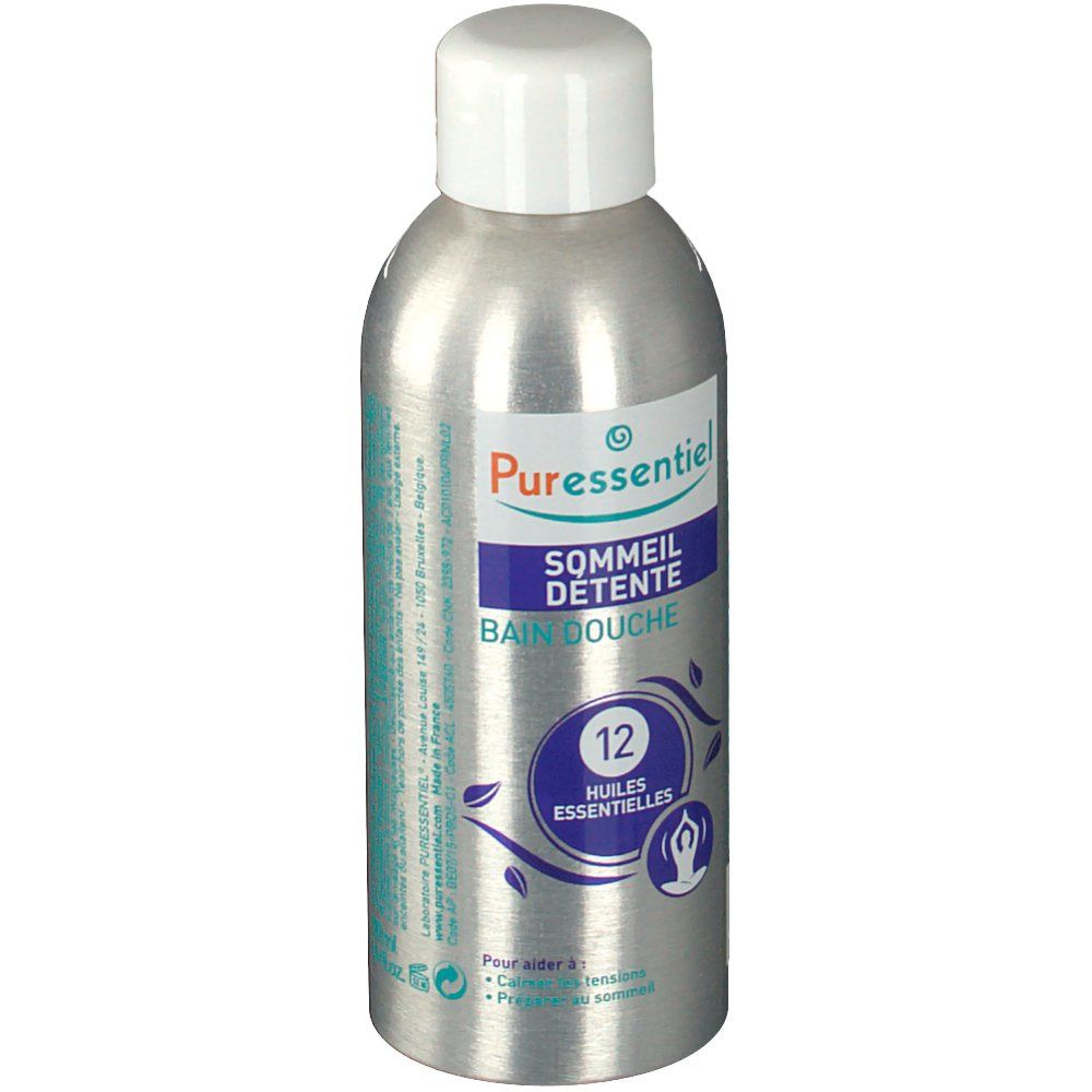 Flacon argenté, bouchon blanc. Inscription: Sommeil Détente Bain Douche, 12 Huiles Essentielles. Marque: Puressentiel.