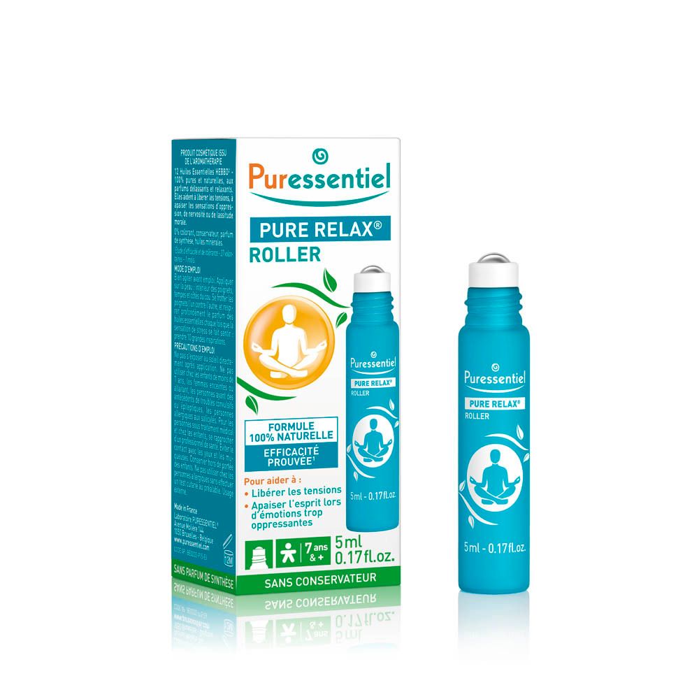 Blaues Roll-on-Fläschchen und Schachtel. Aufschrift: Pure Relax Roller. 5ml. Mit 100% natürlichen Inhaltsstoffen.