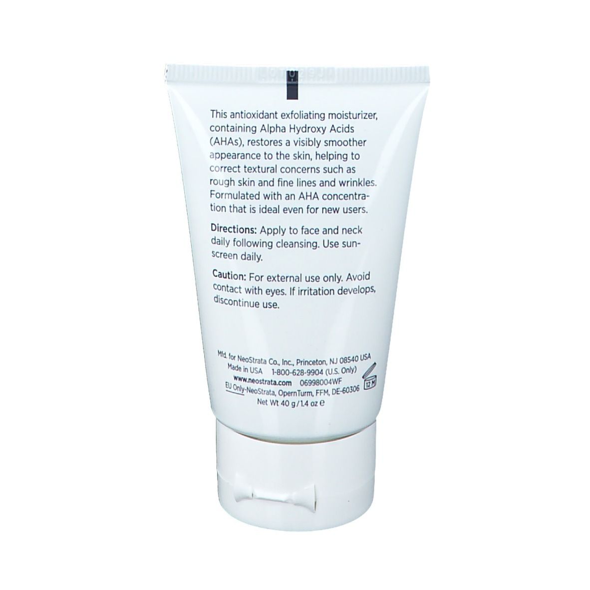 Dos du tube Neostrata Ultra Smoothing Cream 10 AHA. Texte: ingrédients, mode d'emploi, précautions et informations fabricant.