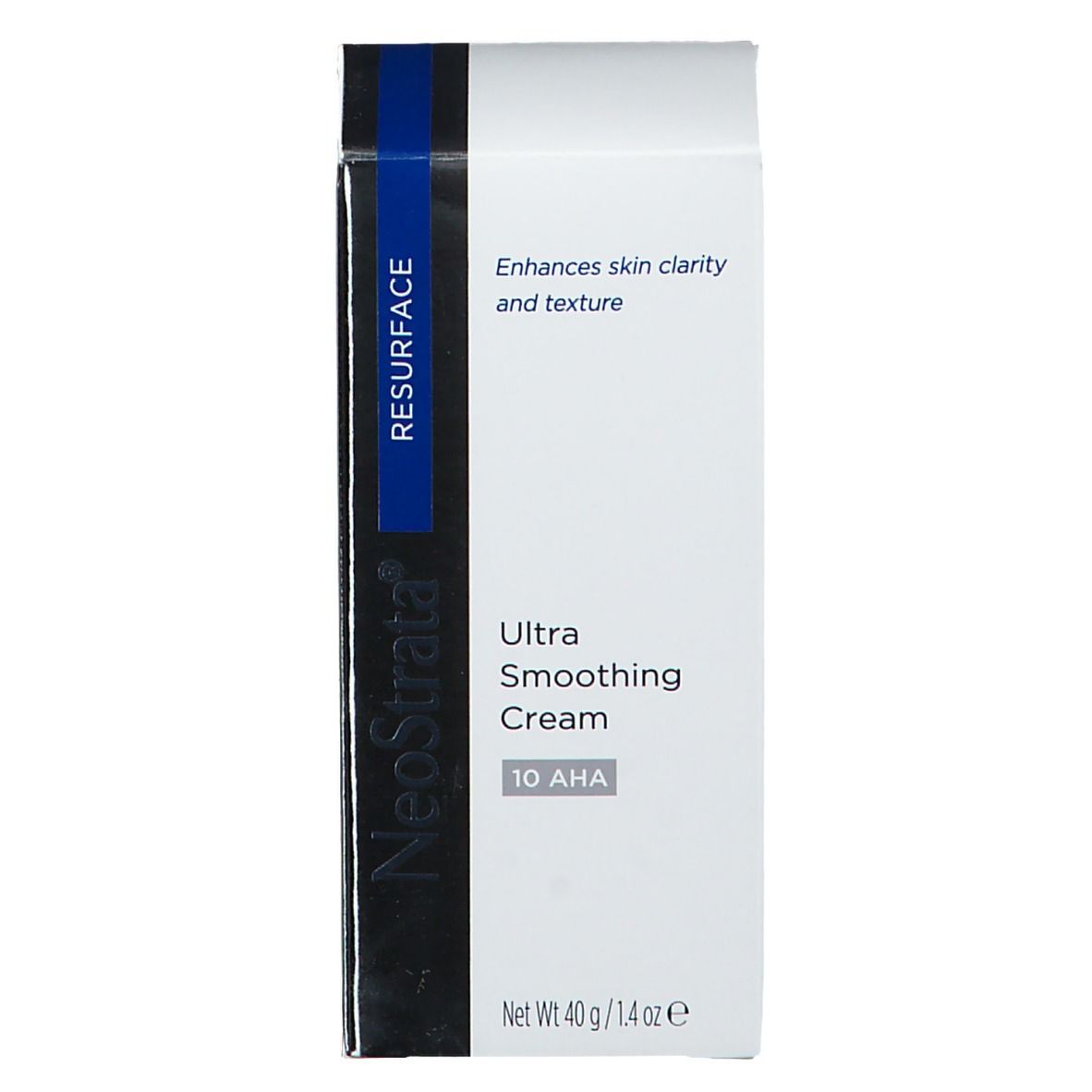 Emballage Neostrata Ultra Smoothing Cream 10 AHA. Blanc avec accents bleus. Texte: Resurface, Ultra Smoothing Cream, 10 AHA, 40 g / 1.4 oz.