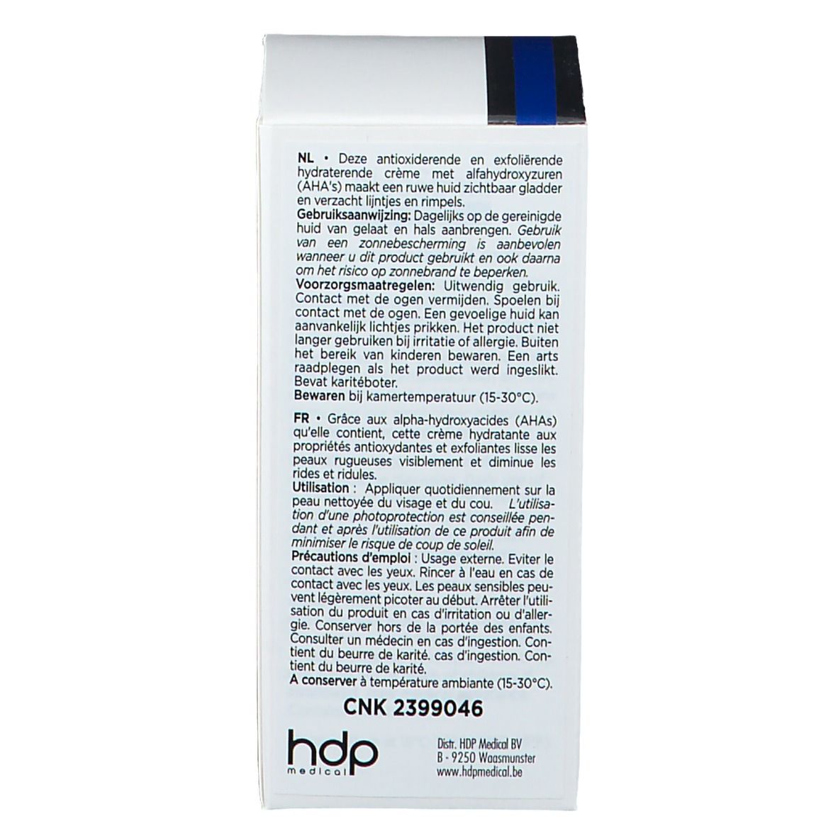 Dos de l'emballage Neostrata Ultra Smoothing Cream 10 AHA. Texte: mode d'emploi, précautions, numéro de lot et fabricant.
