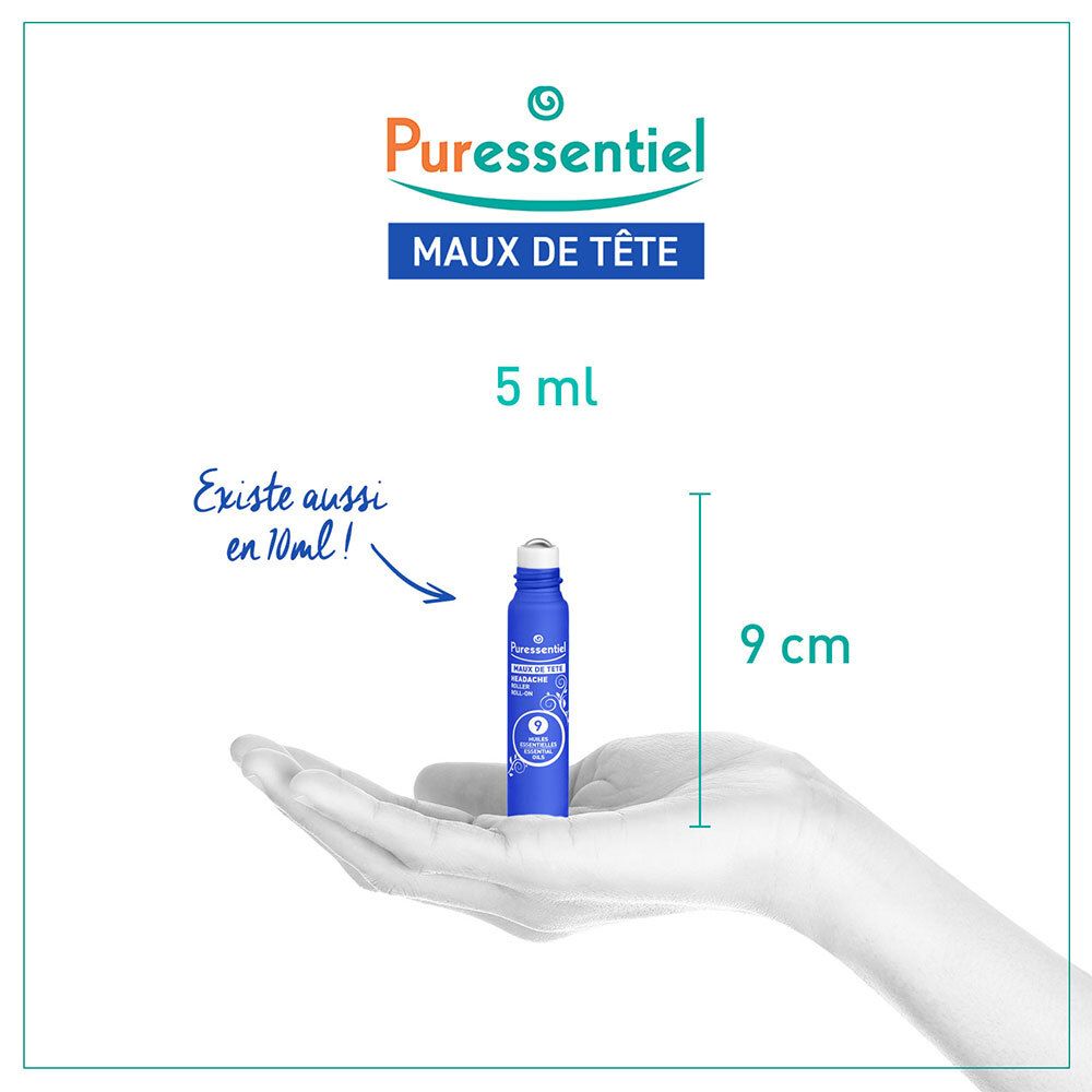 Blauer 5ml Roll-on-Applikator mit weißem Etikett, gehalten in einer Hand. Daneben steht 9 cm.