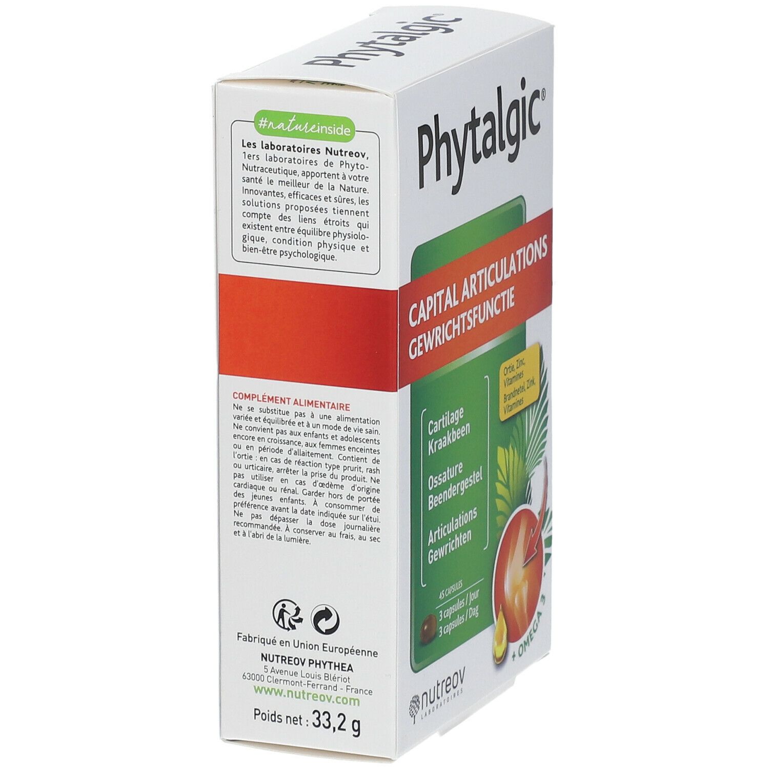 Boîte blanche avec logo Phytalgic. Bande rouge avec texte. Panneau vert avec texte. Dos avec texte et logos. Poids : 33,2 g.