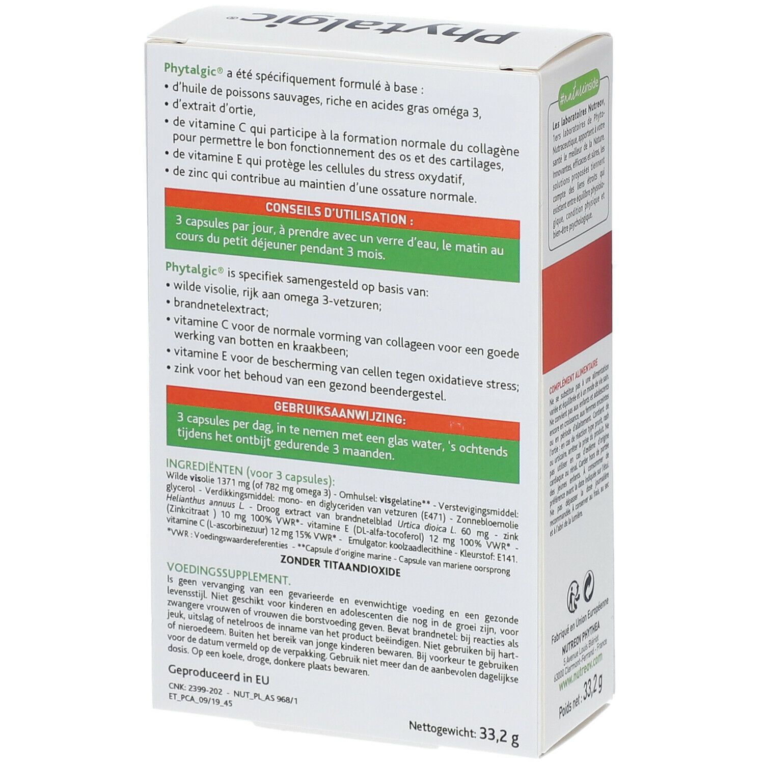 Dos de la boîte blanche avec texte. Contient des informations sur les ingrédients et l'utilisation. Poids net : 33,2 g.