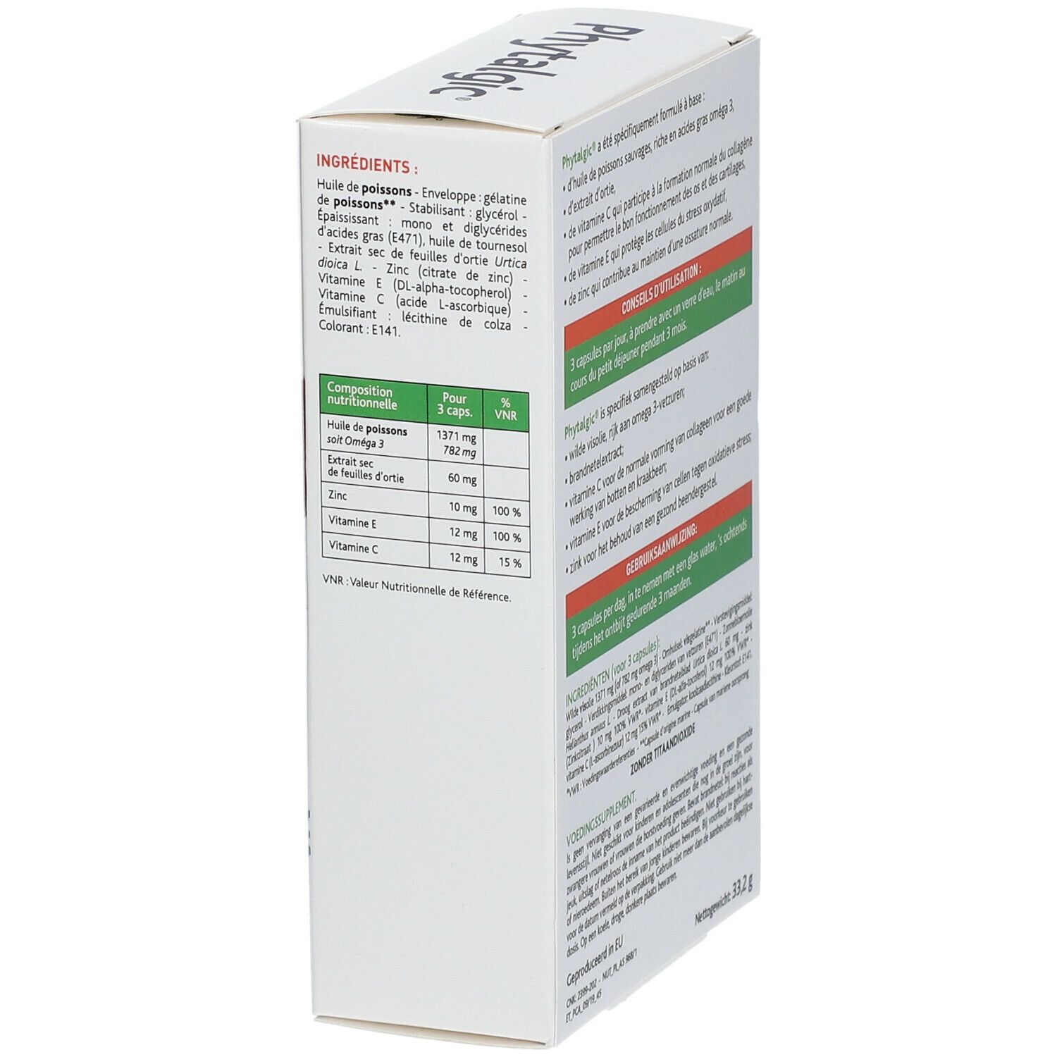 Vue latérale de la boîte blanche avec texte. Contient des informations sur les ingrédients et la valeur nutritionnelle. Poids net : 33,2 g.
