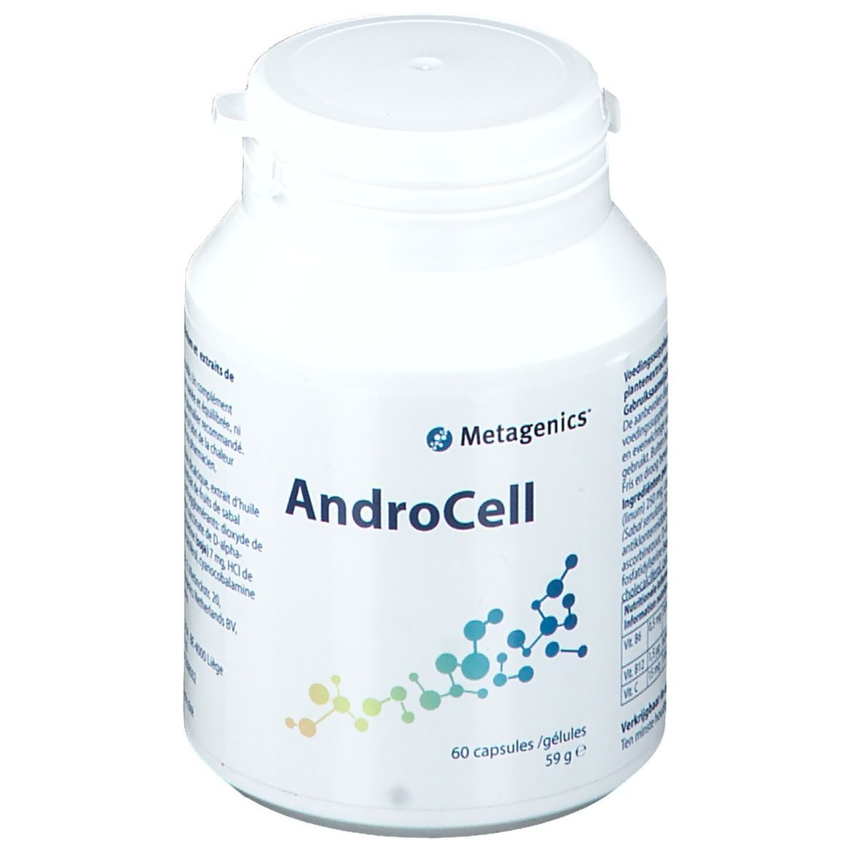 Flacon blanc AndroCell. Inscription: Metagenics, 60 capsules/gélules, 59g.