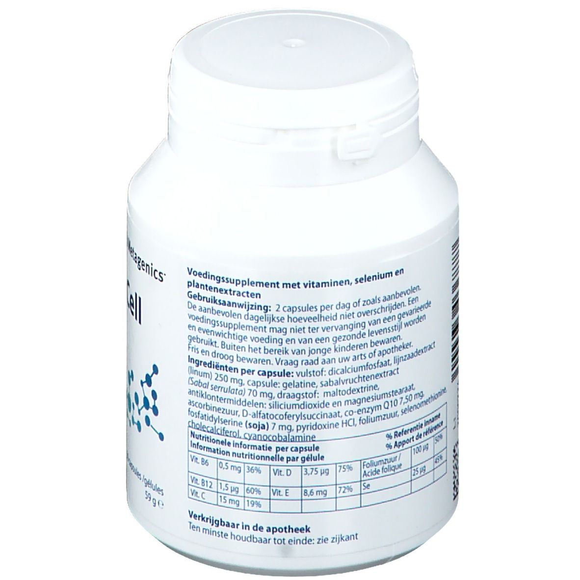 Dos du flacon blanc AndroCell. Contient des informations sur les ingrédients et les valeurs nutritionnelles.