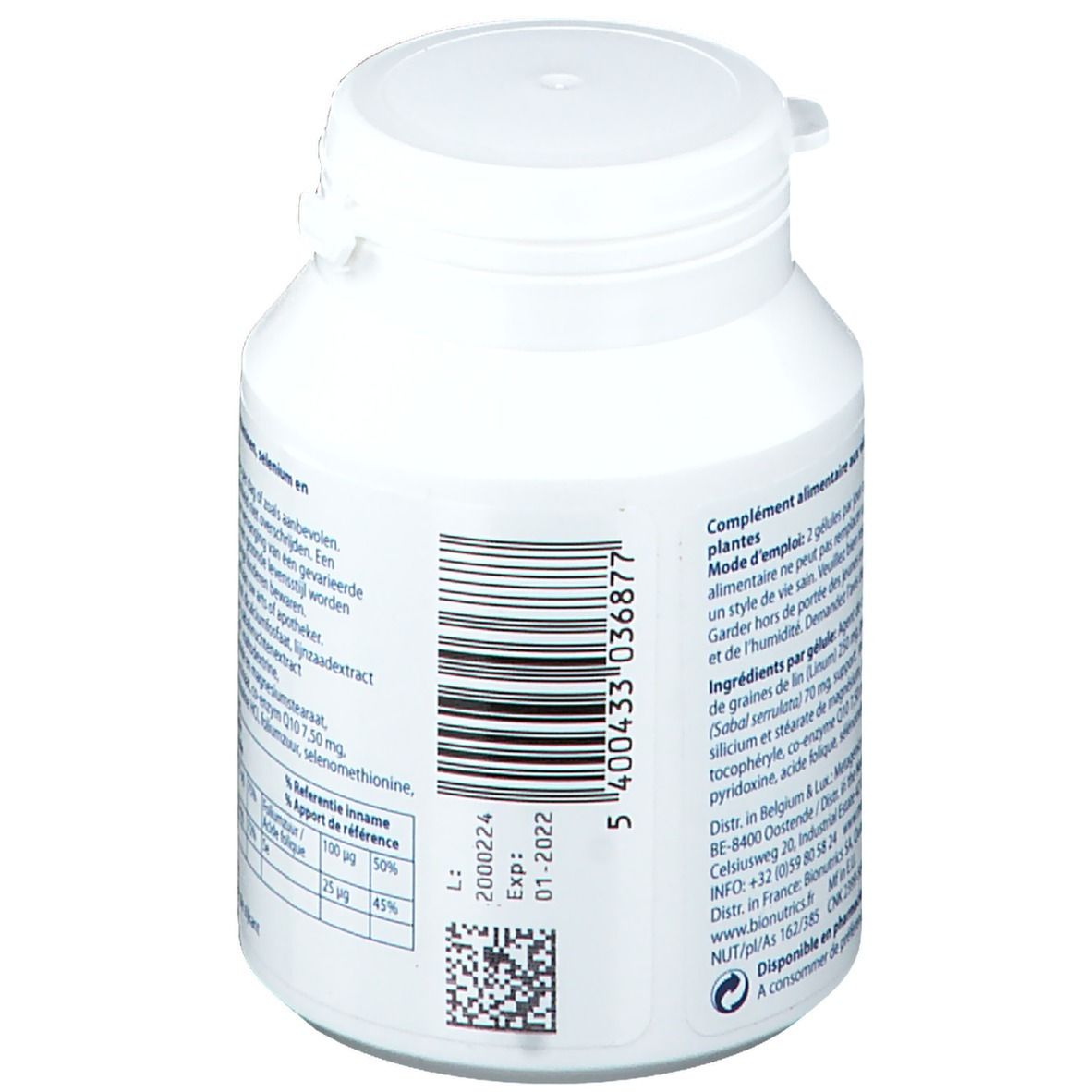 Vue arrière du flacon blanc AndroCell avec code-barres et autres informations sur le produit.