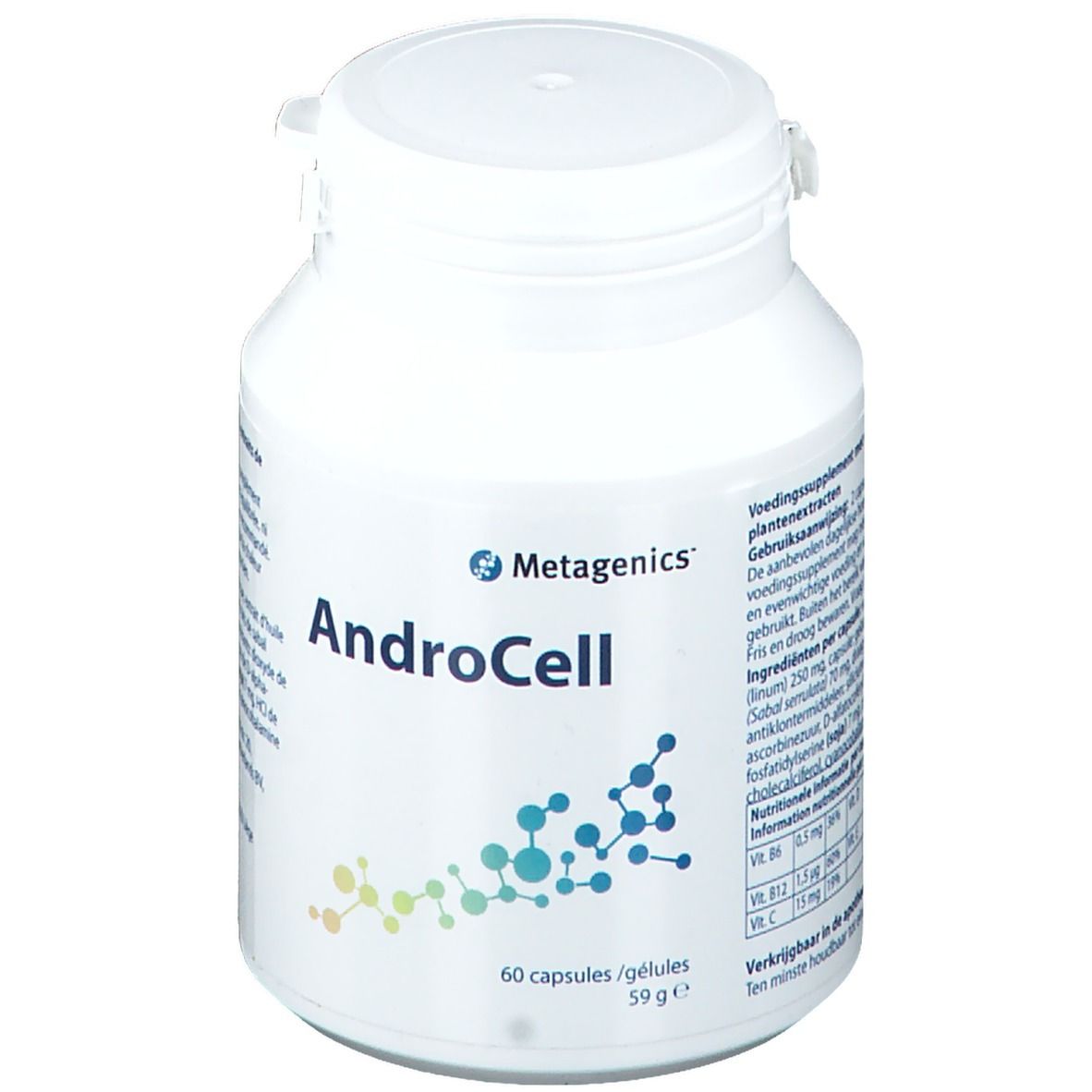 Flacon blanc AndroCell. Inscription: Metagenics, 60 capsules/gélules, 59g.