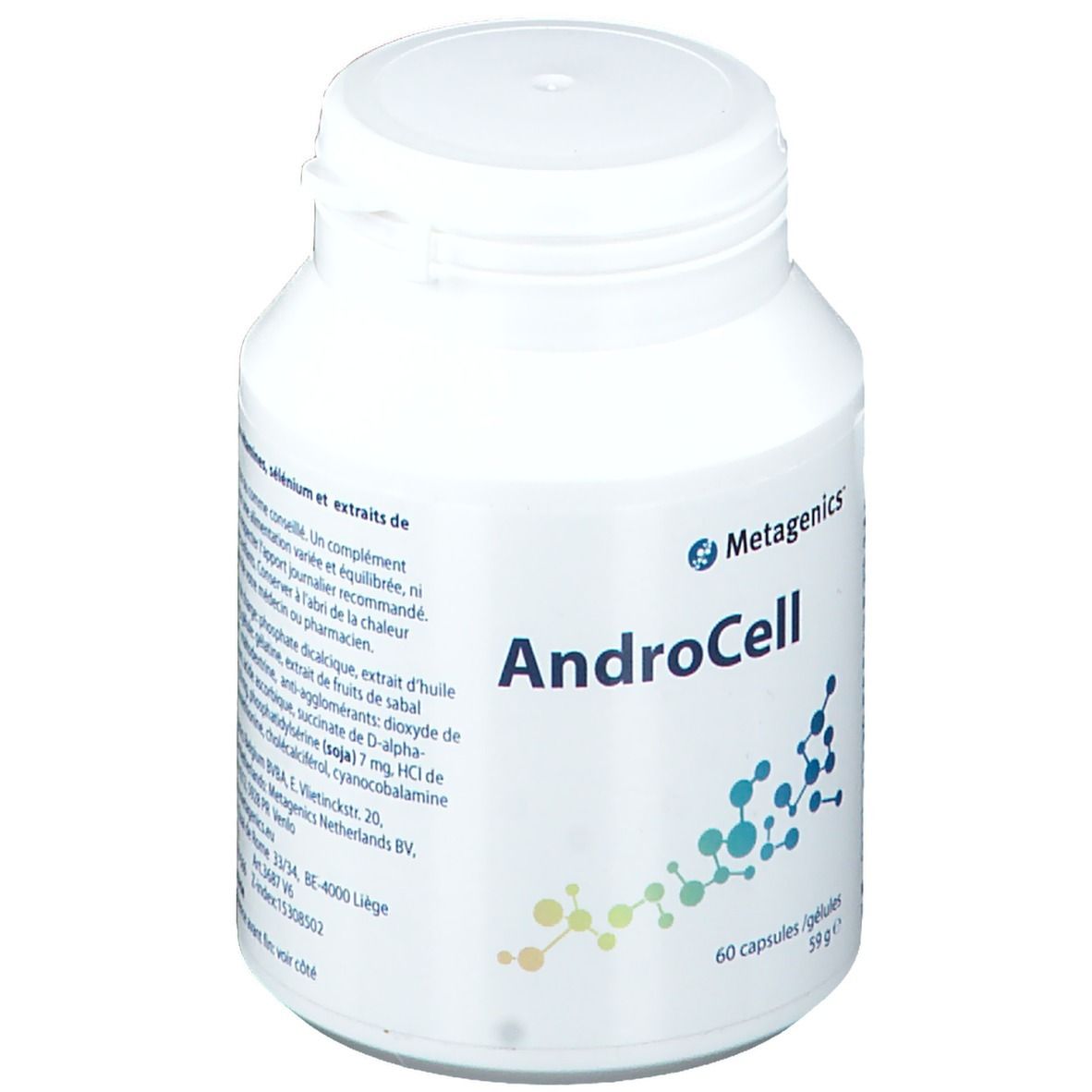 Flacon blanc AndroCell. Inscription: Metagenics, 60 capsules/gélules, 59g.