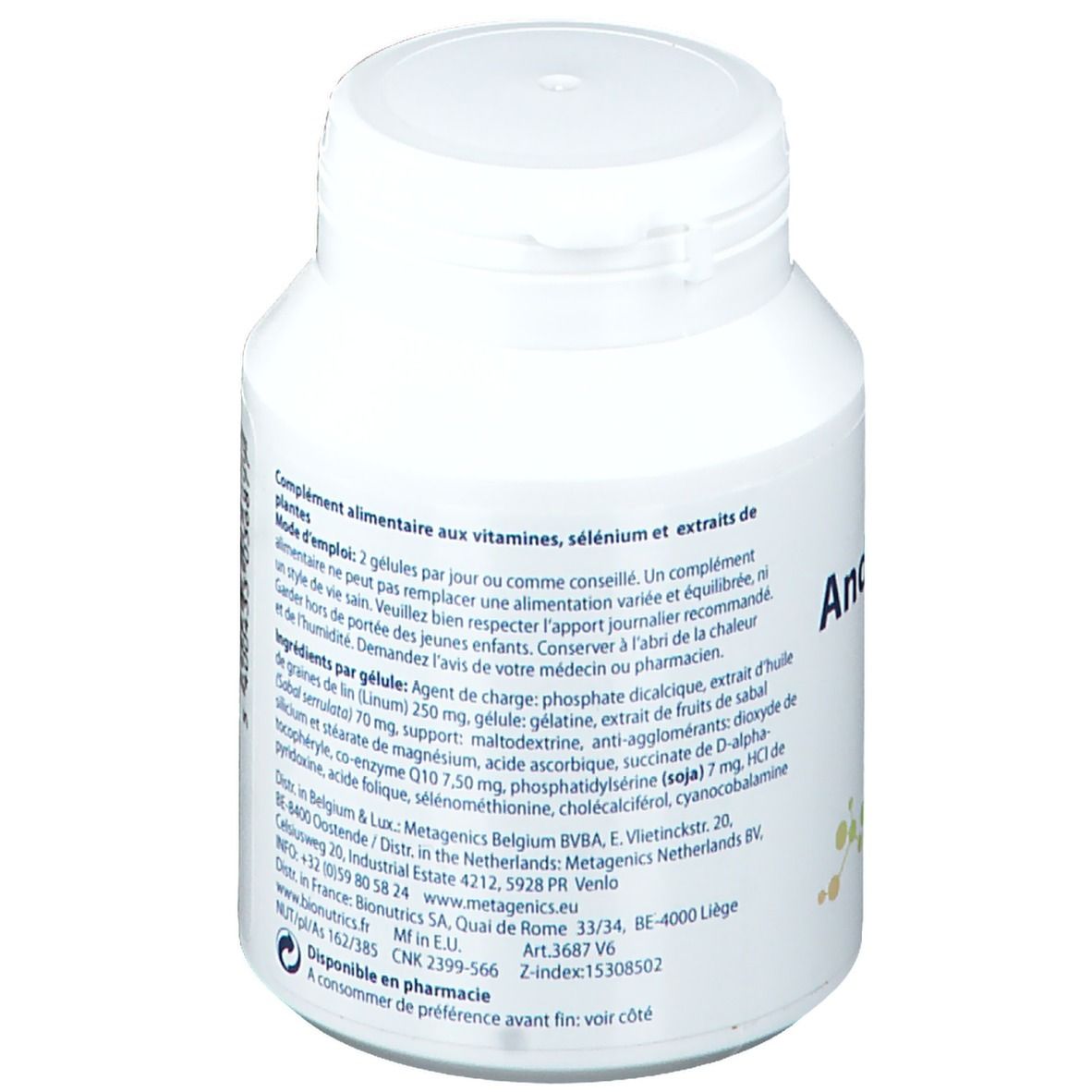 Dos du flacon blanc AndroCell. Contient des informations sur les ingrédients et les valeurs nutritionnelles.