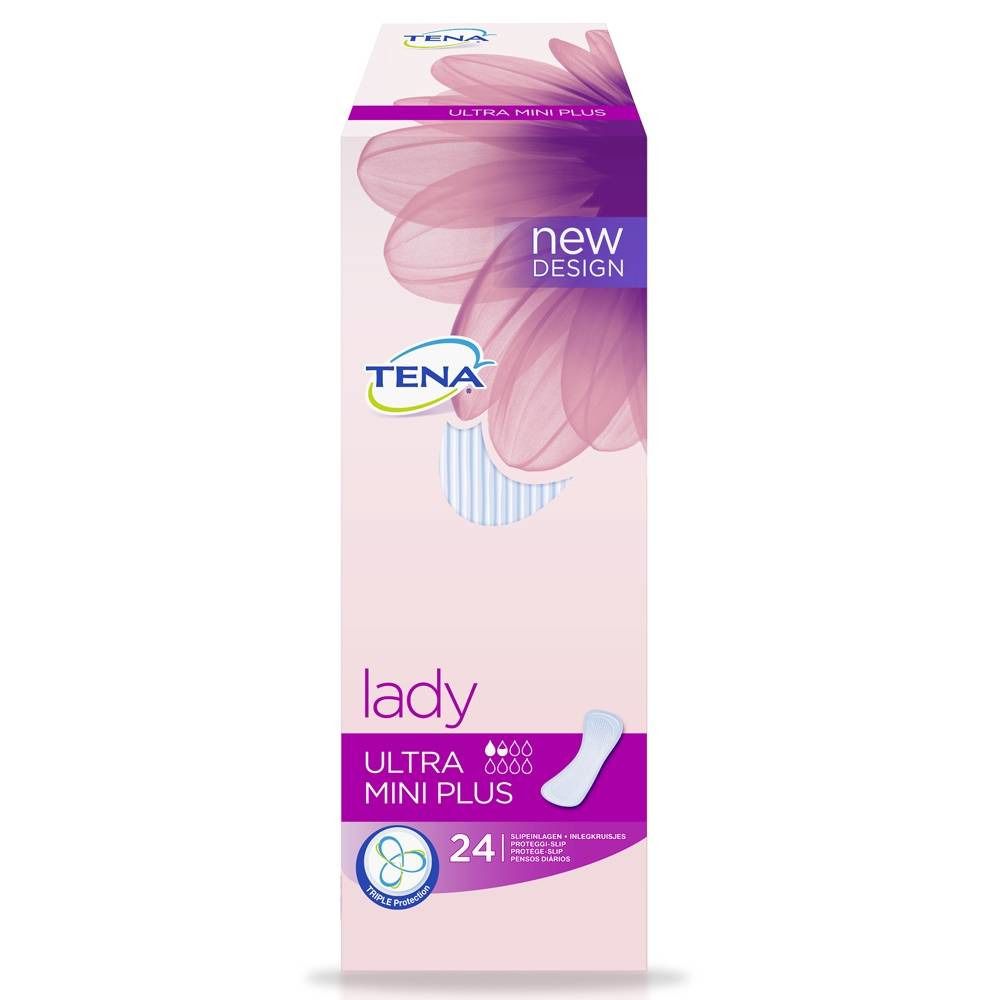 Paquet de TENA Lady Ultra Mini Plus. Design rose et blanc avec nom du produit et 24 unités. Visible : une protection.