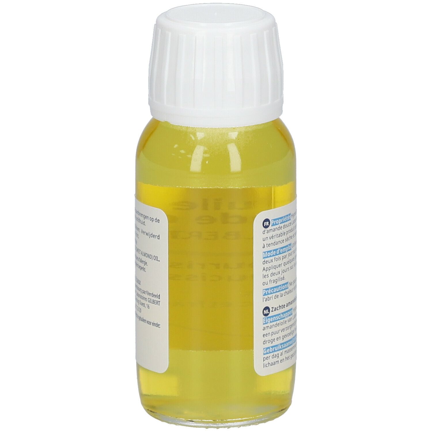 Dos d'une bouteille de liquide jaunâtre avec bouchon blanc. Inscription: Huile d'amande douce, Gilbert. Pour peaux sensibles, cheveux secs et fragiles.