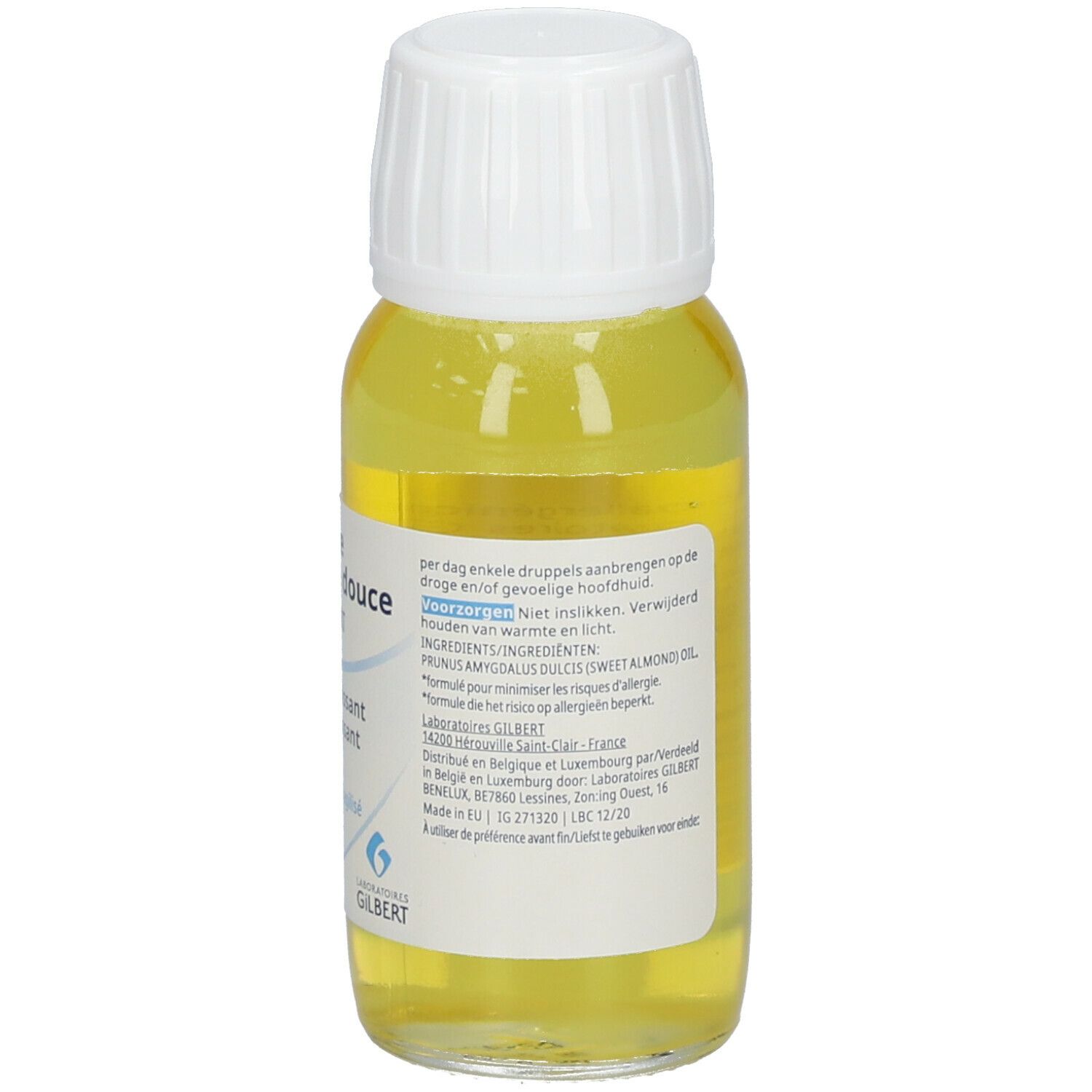 Dos d'une bouteille de liquide jaunâtre avec bouchon blanc. Inscription: Huile d'amande douce, Gilbert. Pour peaux sensibles, cheveux secs et fragiles.