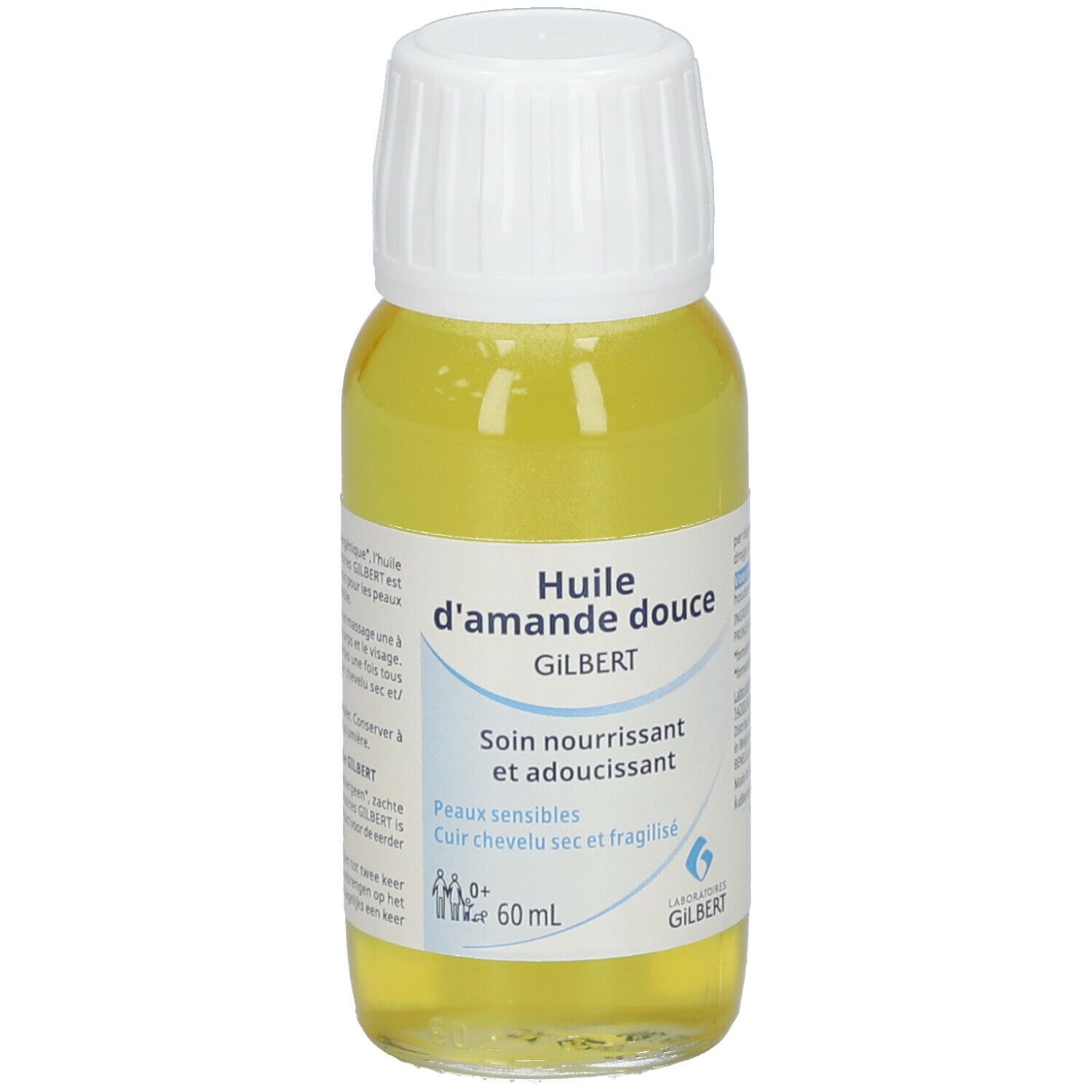Bouteille de liquide jaunâtre avec bouchon blanc. Inscription: Huile d'amande douce, Gilbert. Pour peaux sensibles, cheveux secs et fragiles. 60 ml.