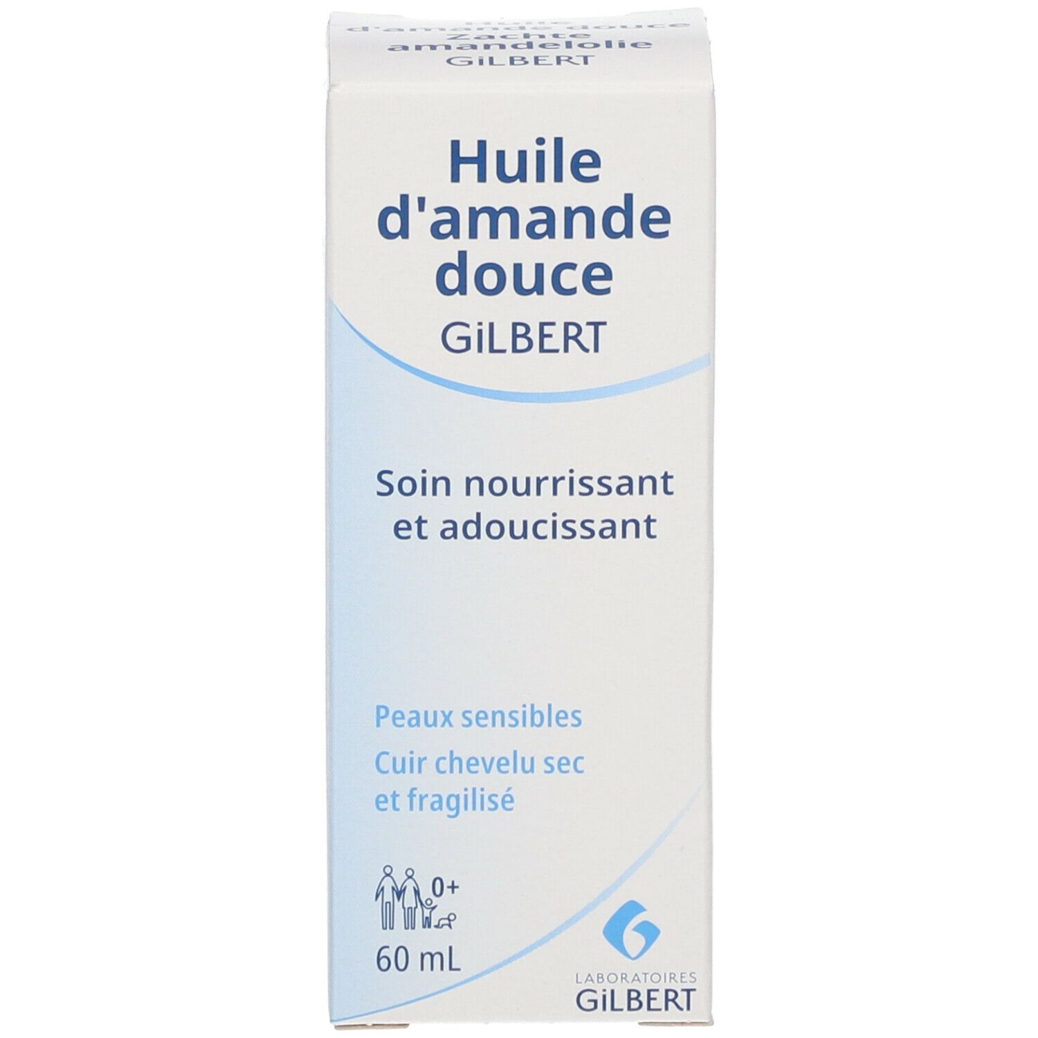 Boîte blanche avec inscription: Huile d'amande douce, Gilbert. Pour peaux sensibles, cheveux secs et fragiles. 60 ml. Logo Gilbert.