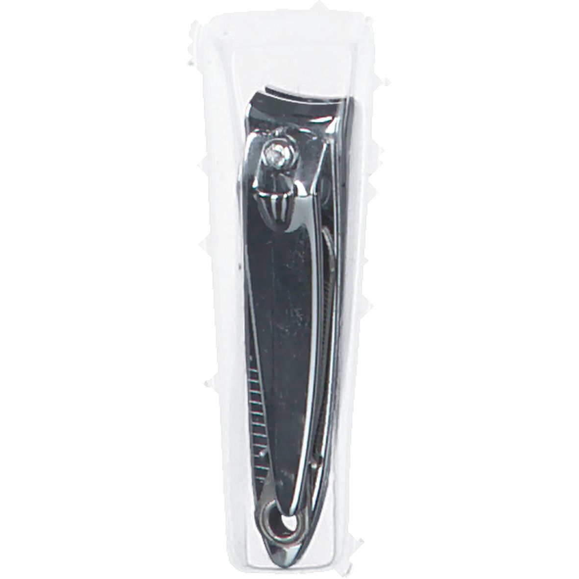 Metalen nagelknipper in transparante verpakking. Het gereedschap heeft een gebogen snijkant en een hendel.