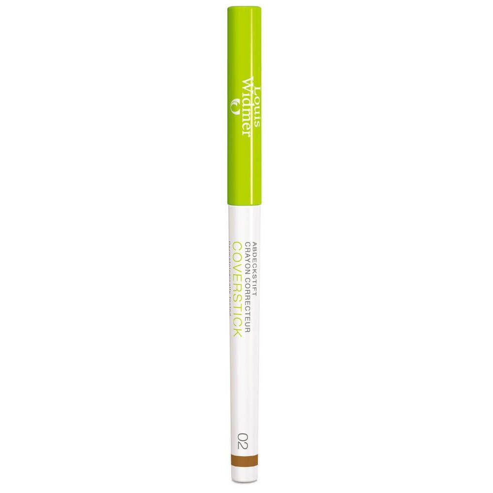 Coverstick 02 Louis Widmer. Crayon blanc, capuchon vert. Pointe marron. Inscription Coverstick et 02.