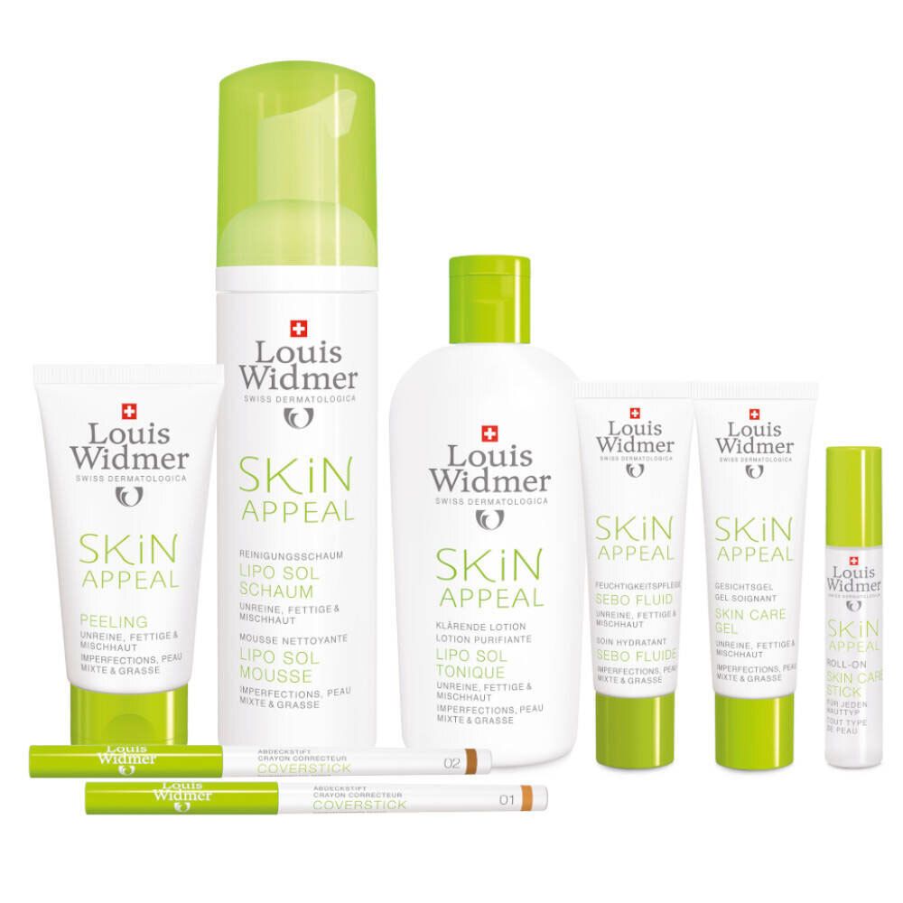 Divers produits de la marque Louis Widmer : mousse nettoyante, lotion, fluide, gel, crème et sticks correcteurs.