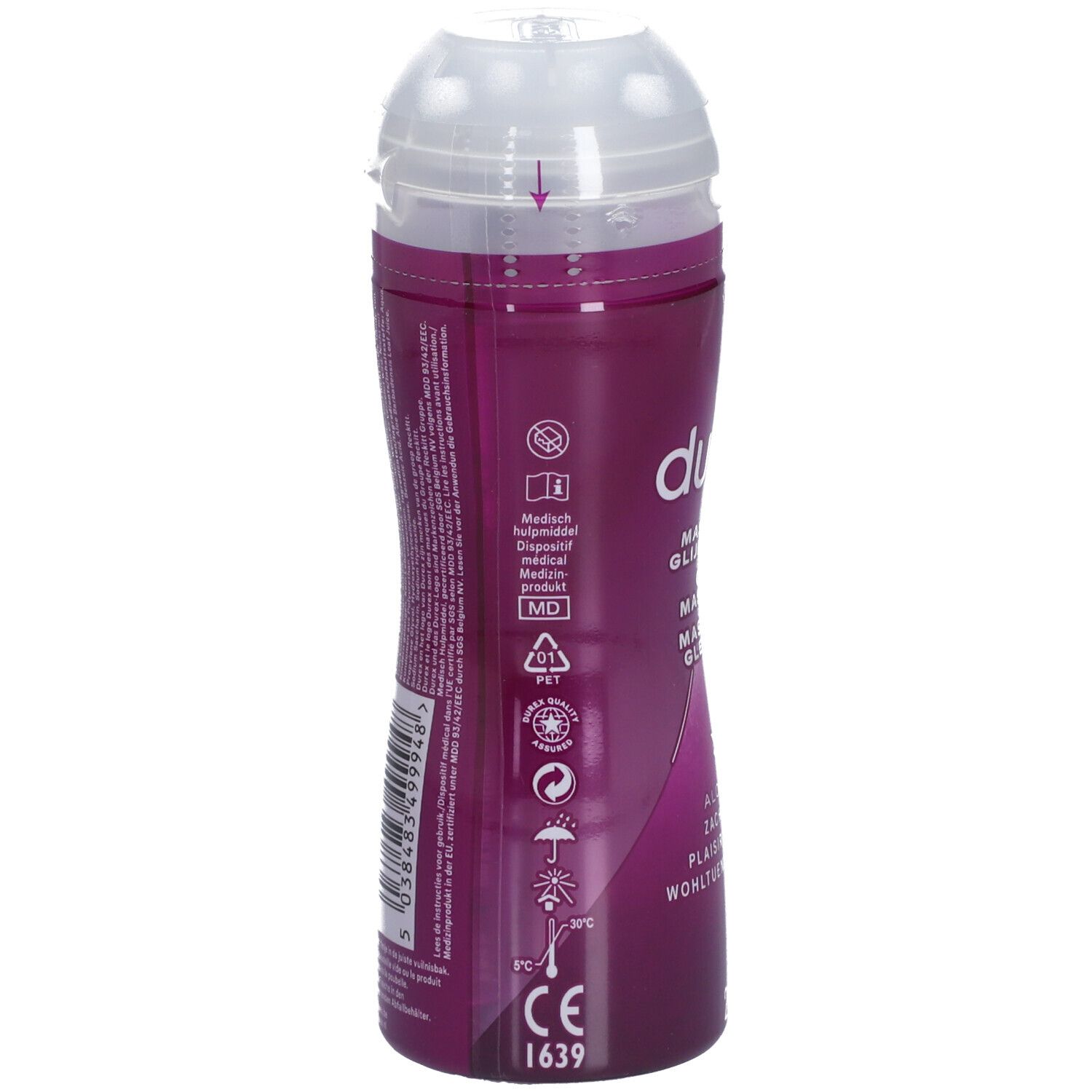 Dos du flacon de gel de massage. Informations, symboles et marquage CE.