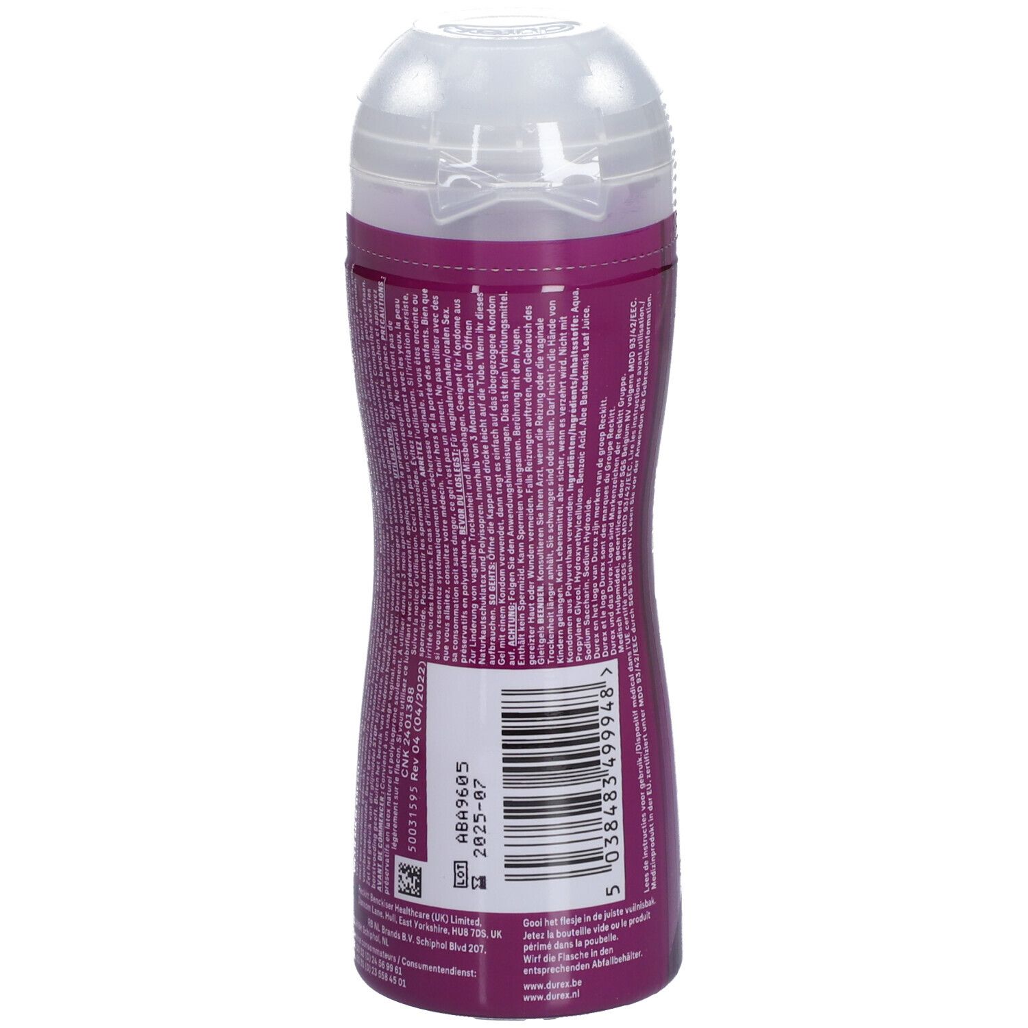 Dos du flacon de gel de massage. Code-barres, numéro de lot et date de péremption.