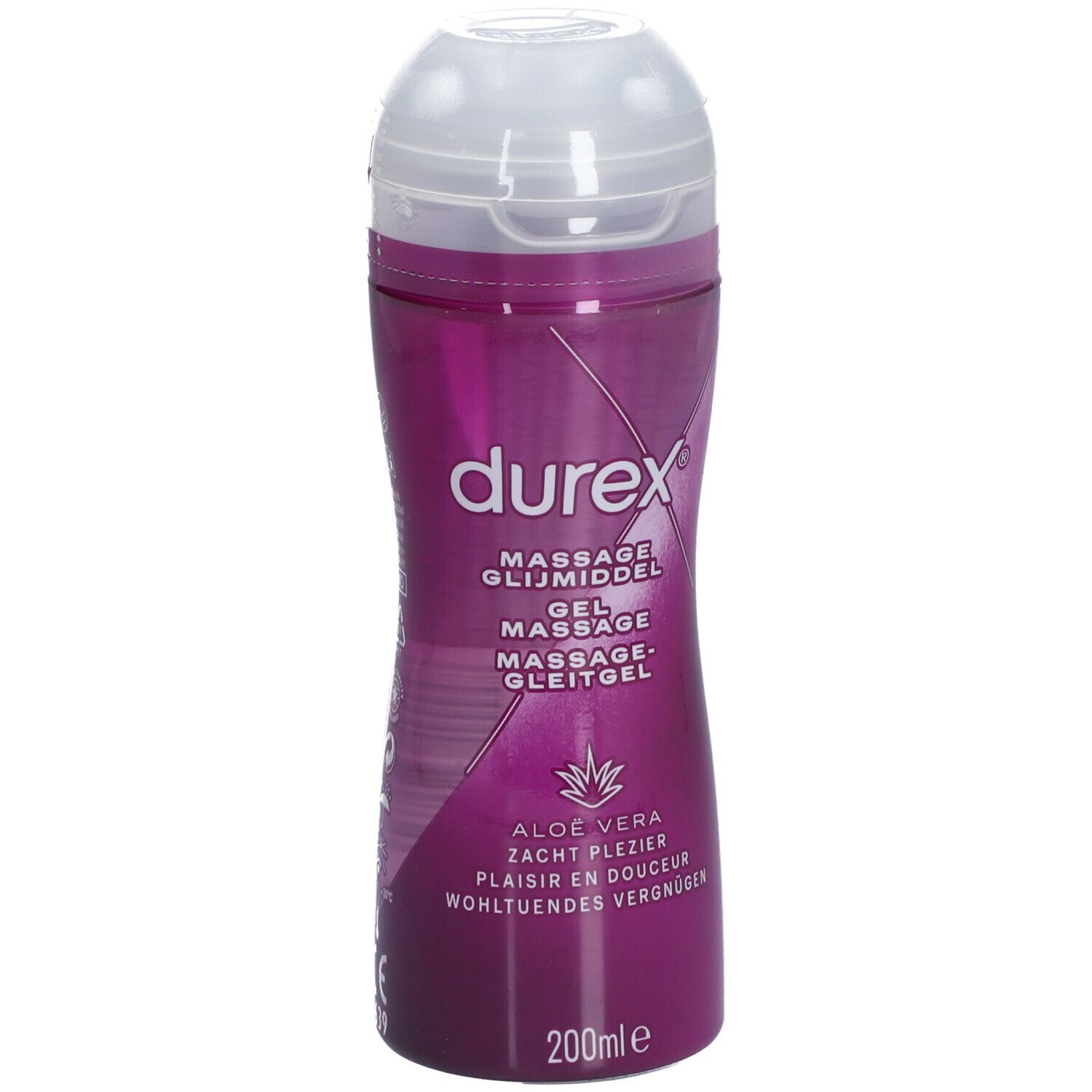 Flacon de gel de massage Durex à l'aloe vera. Inscription : Massage, Gel. Contenance : 200ml.