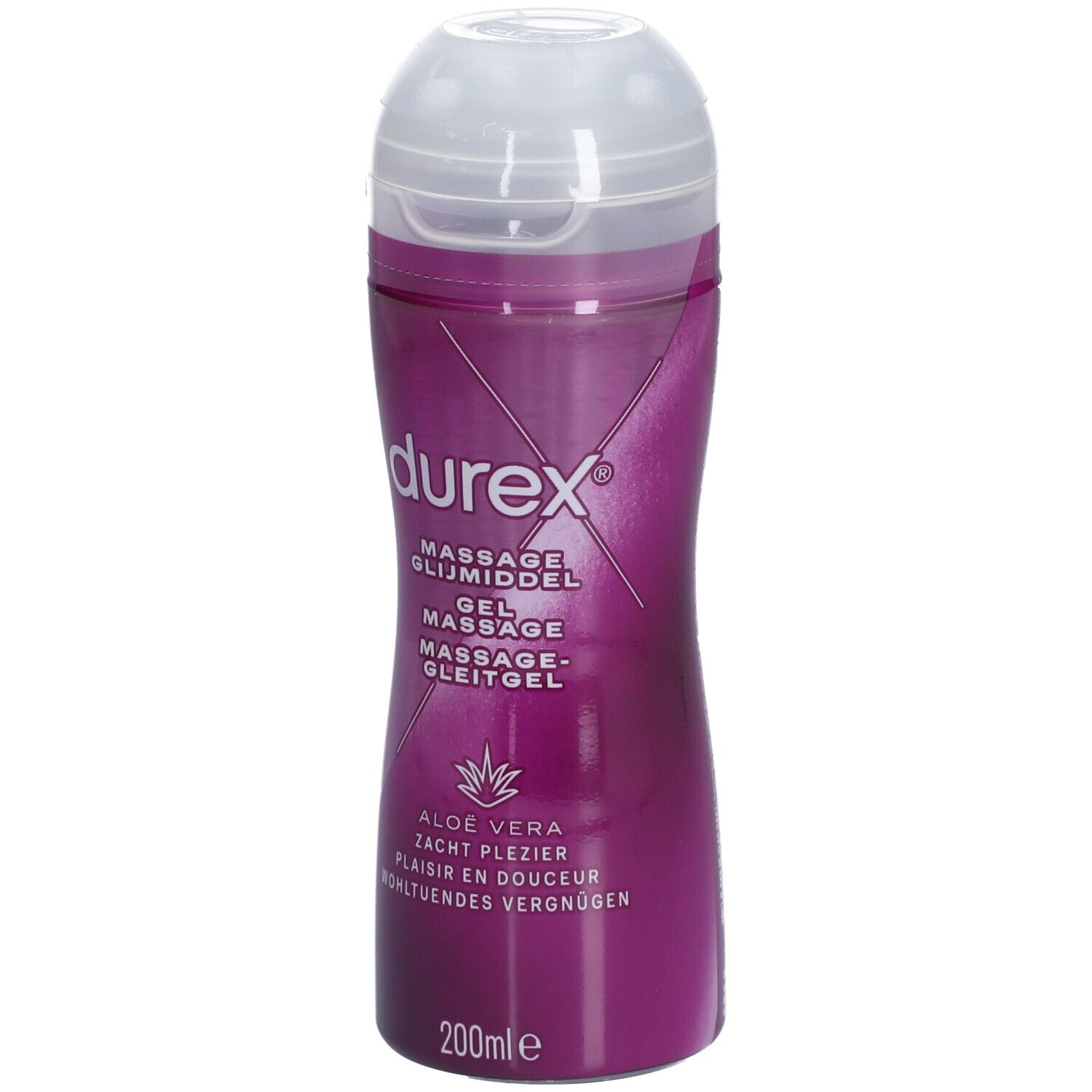 Flacon de gel de massage Durex à l'aloe vera. Inscription : Massage, Gel. Contenance : 200ml.