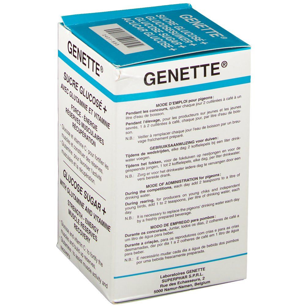 Boîte Genette. Contient du sucre de glucose, de la glutamine et des vitamines. Carton blanc avec texte bleu en plusieurs langues.