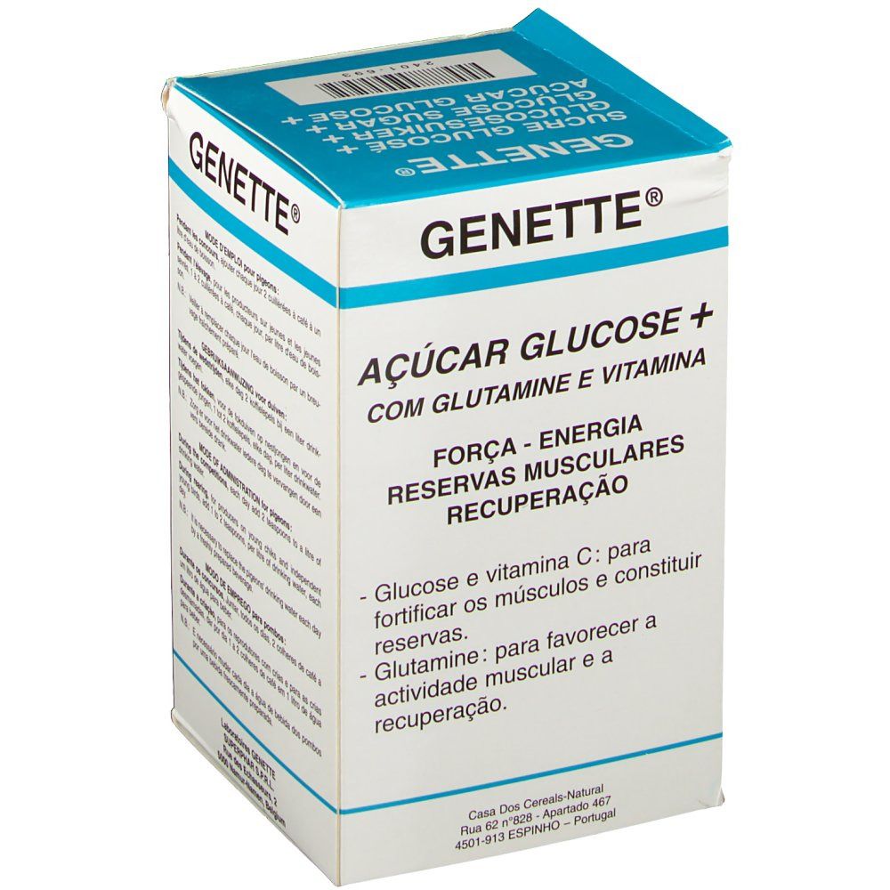 Boîte Genette. Contient du sucre de glucose, de la glutamine et des vitamines. Carton blanc avec texte bleu en plusieurs langues.