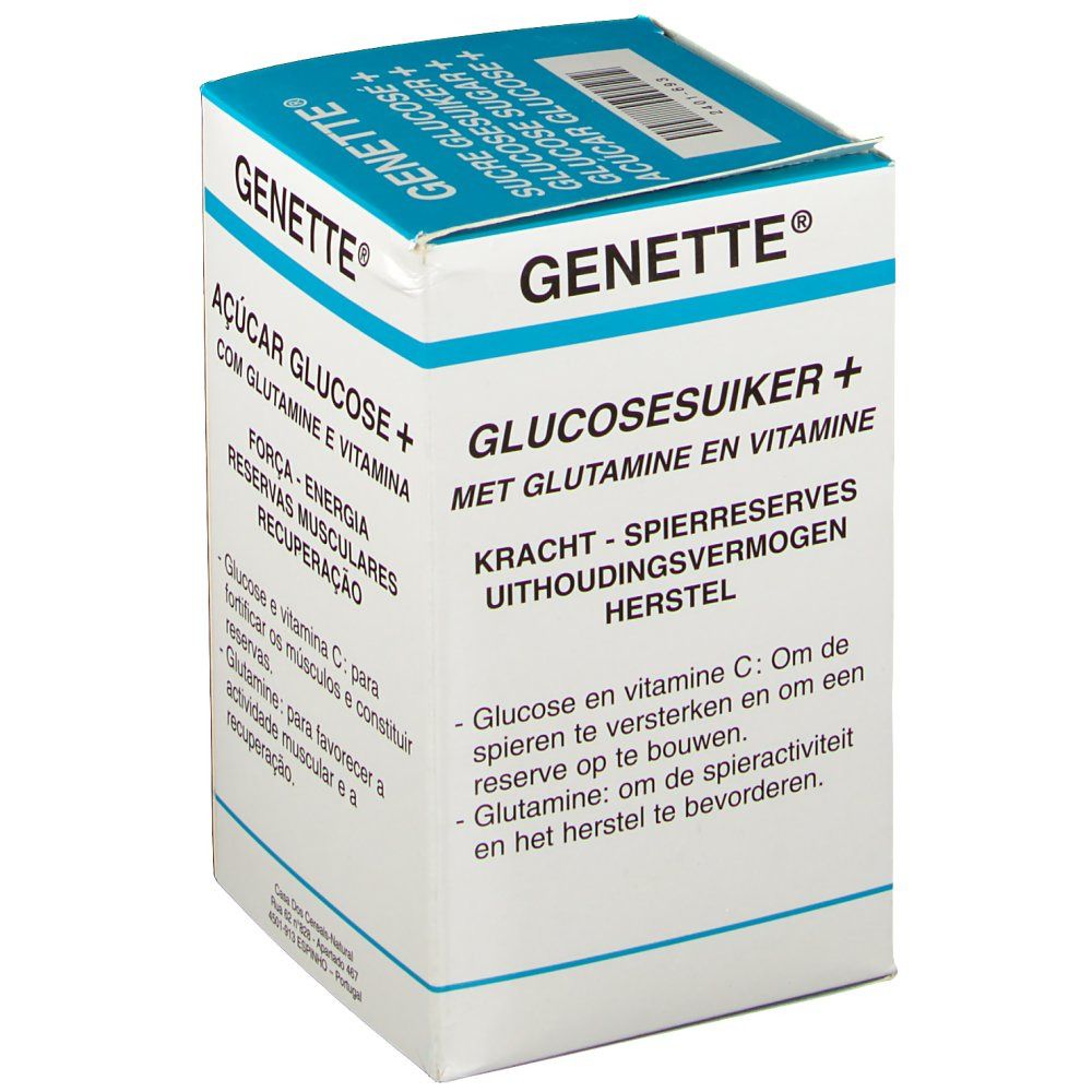 Boîte Genette. Contient du sucre de glucose, de la glutamine et des vitamines. Carton blanc avec texte bleu en plusieurs langues.