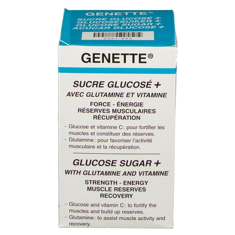Boîte Genette. Contient du sucre de glucose, de la glutamine et des vitamines. Carton blanc avec texte bleu en plusieurs langues.