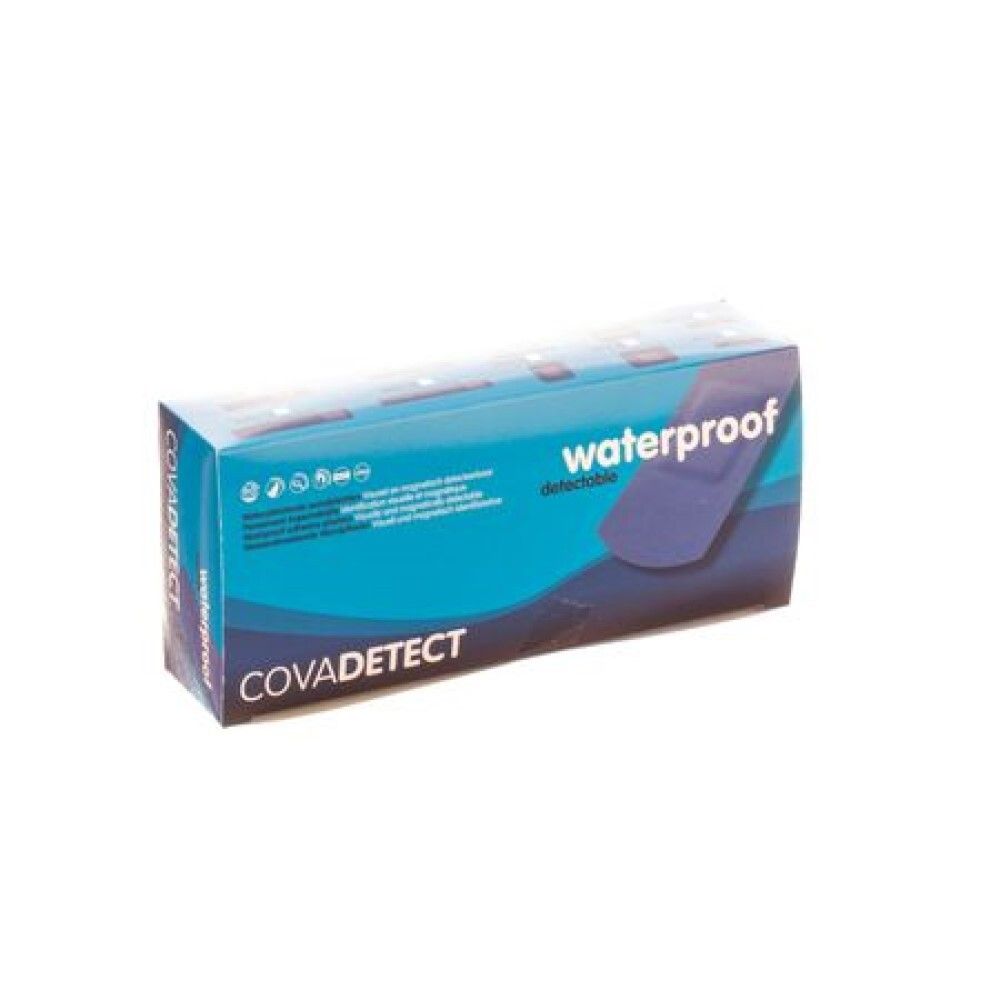 Blauwe, waterdichte pleister in een verpakking met CovaDetect-logo. Opschrift: waterproof.