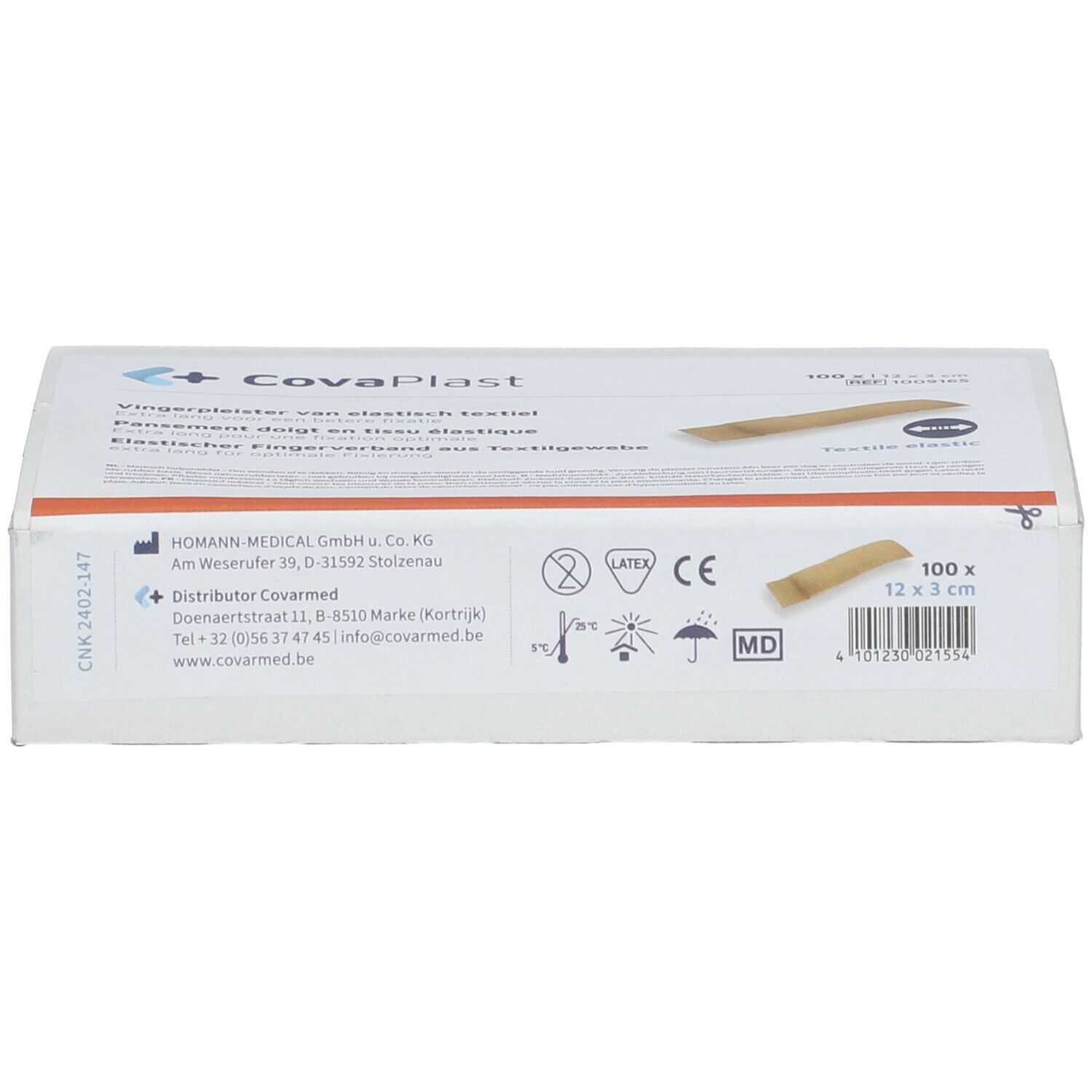 Boîte de bandages Covaplast 12 cm x 3 cm. Un bandage est visible. Texte: 100 x 12 x 3 cm.