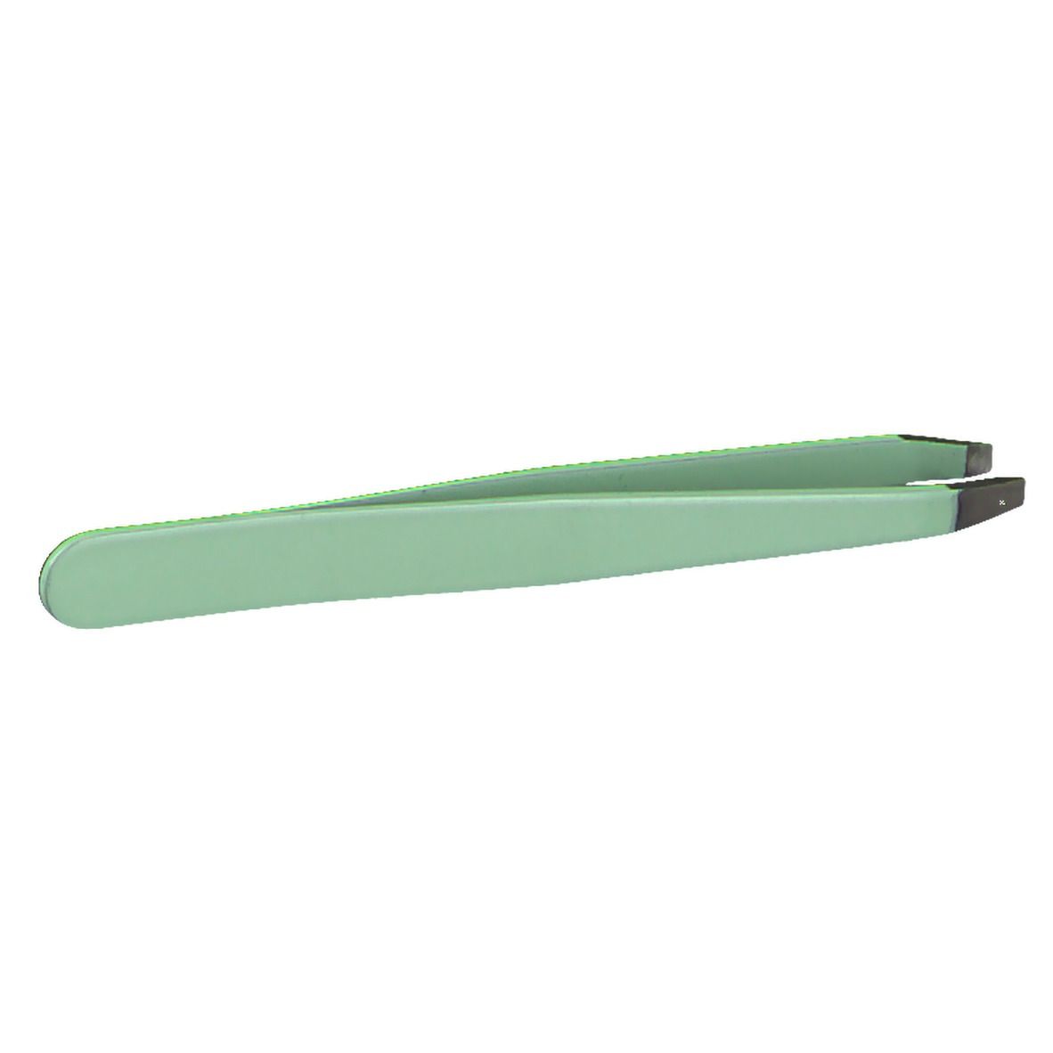 Pince à épiler verte avec pointes biseautées. Pointes métalliques. Sur fond blanc.