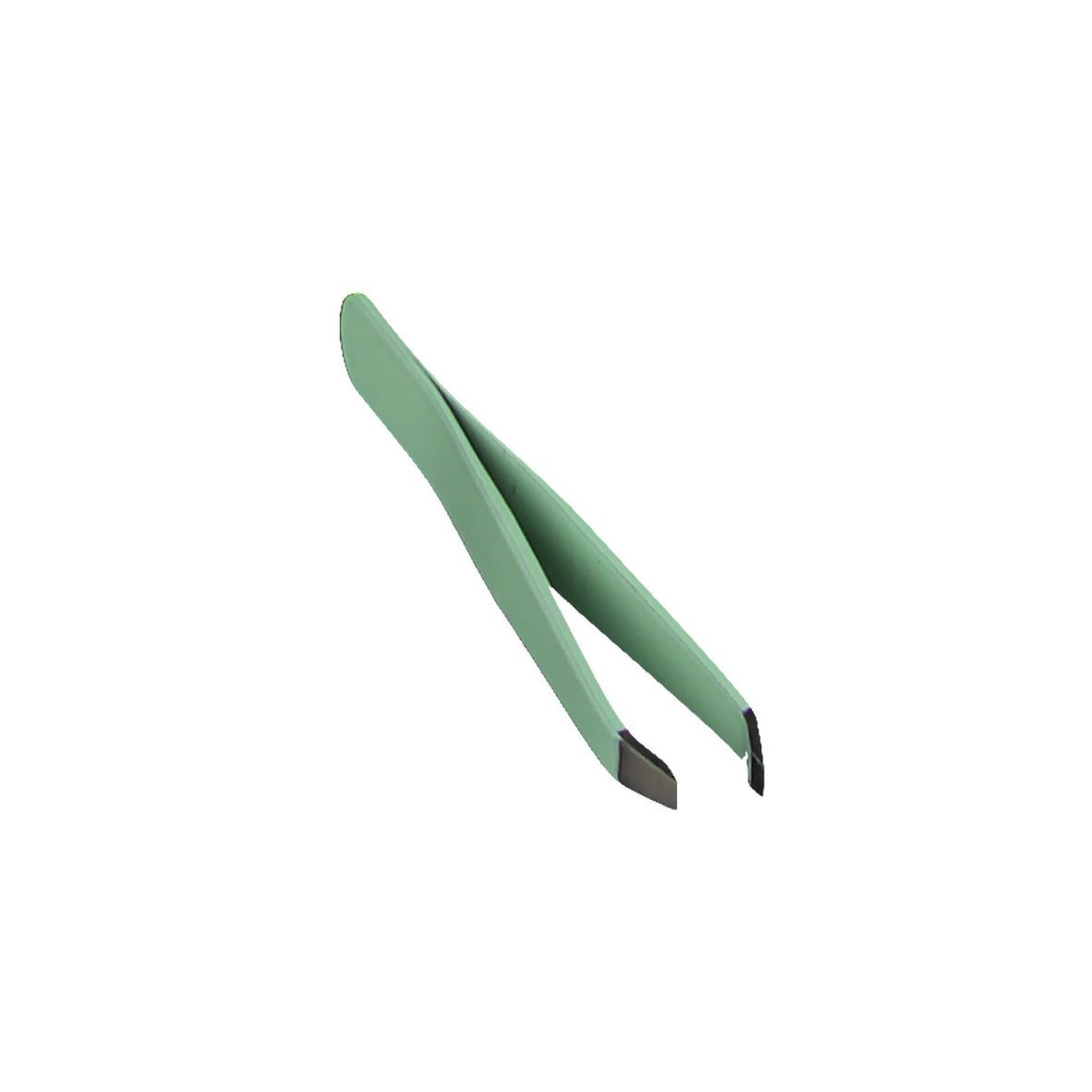 Pince à épiler verte avec pointes biseautées. Sur fond blanc. Vue en perspective.