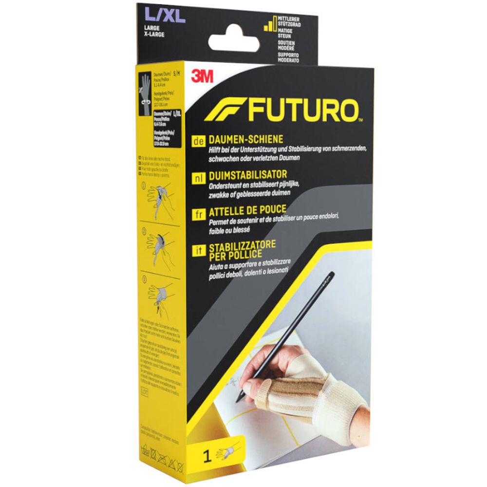 Attelle de pouce Futuro L/XL. Boîte avec image du produit et exemples d'utilisation. Taille L/XL.