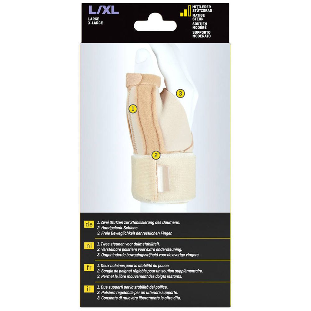 Attelle de pouce Futuro L/XL. Dos de la boîte. Image du produit avec caractéristiques numérotées.