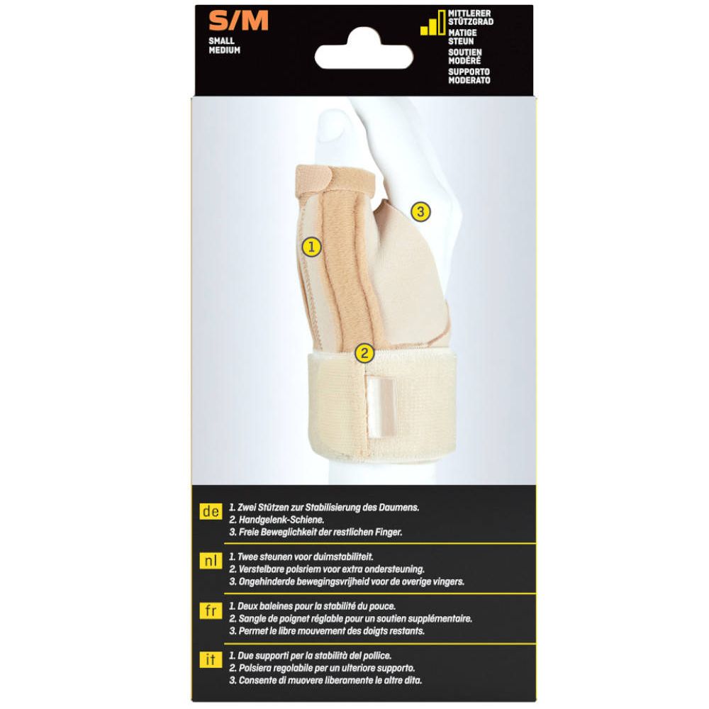 3M Futuro duimstabilisator S/M. Achterkant verpakking met productafbeelding. Etikettering met kenmerken en maten.
