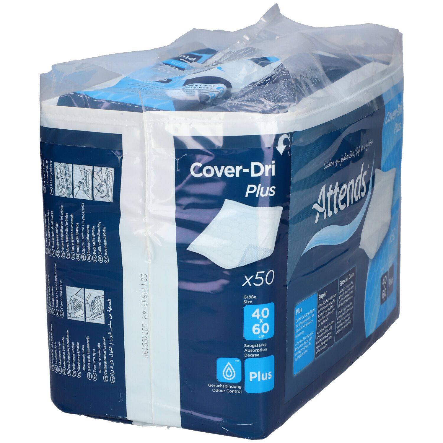Attends Cover-Dri Plus, protection de lit 40x60 cm. Paquet de 50. Emballage bleu avec informations produit.