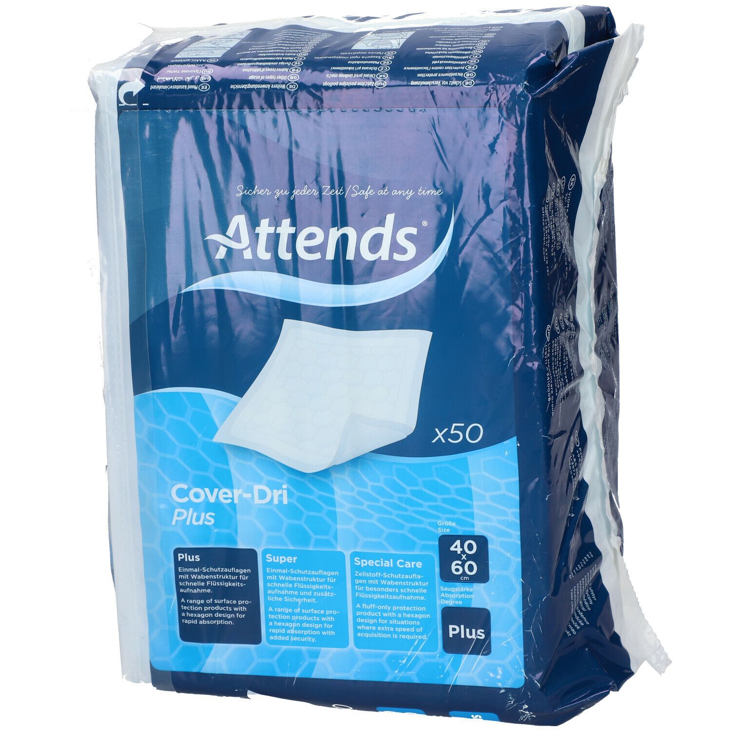 Attends Cover-Dri Plus, protection de lit 40x60 cm. Paquet de 50. Emballage bleu avec informations produit.