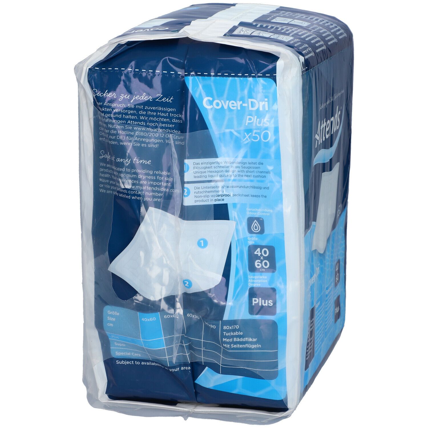 Attends Cover-Dri Plus, protection de lit 40x60 cm. Paquet de 50. Emballage bleu avec informations produit.