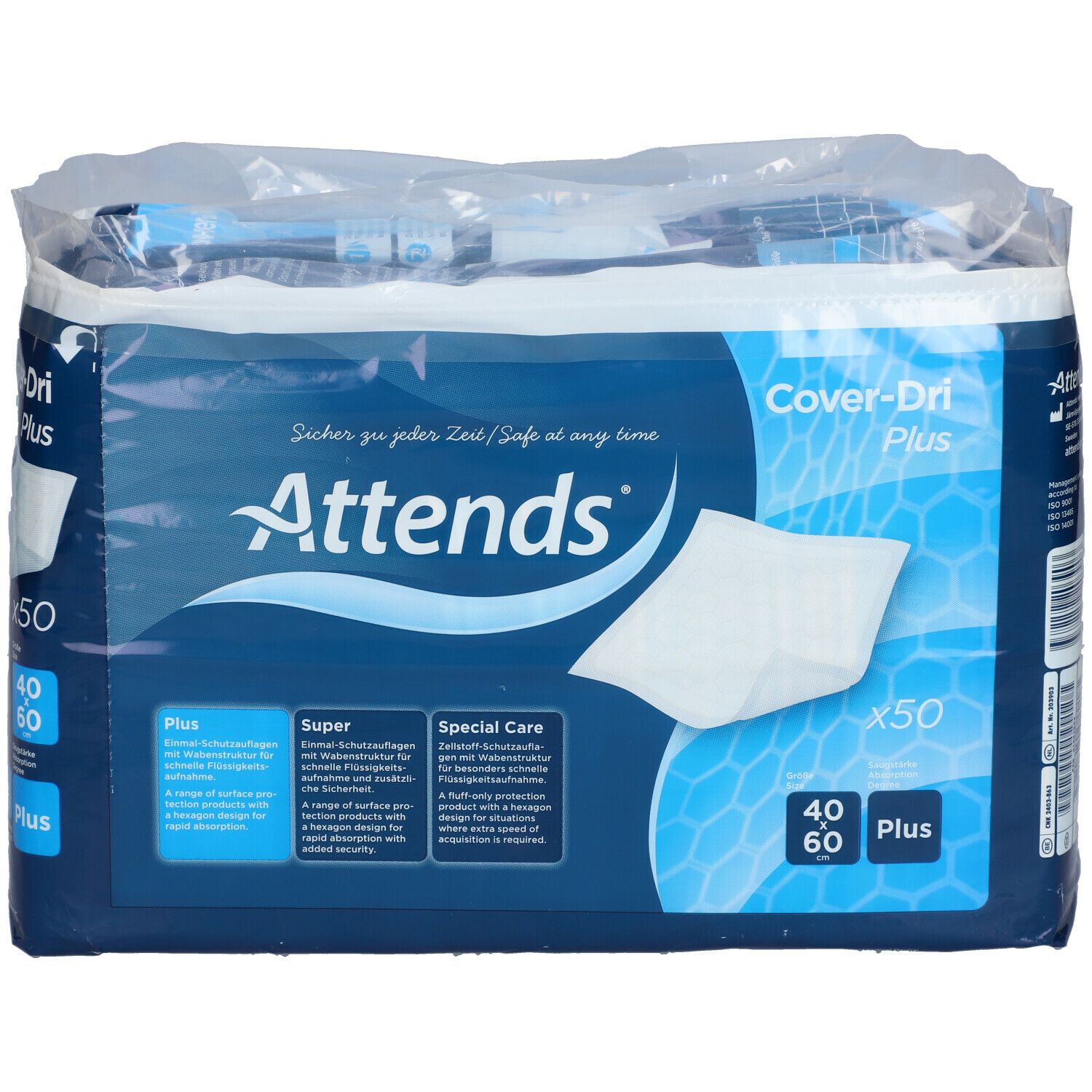 Attends Cover-Dri Plus, protection de lit 40x60 cm. Paquet de 50. Emballage bleu avec informations produit.