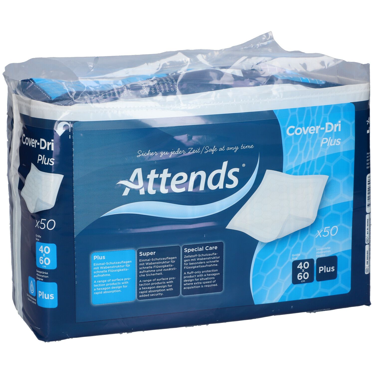 Attends Cover-Dri Plus, protection de lit 40x60 cm. Paquet de 50. Emballage bleu avec informations produit.