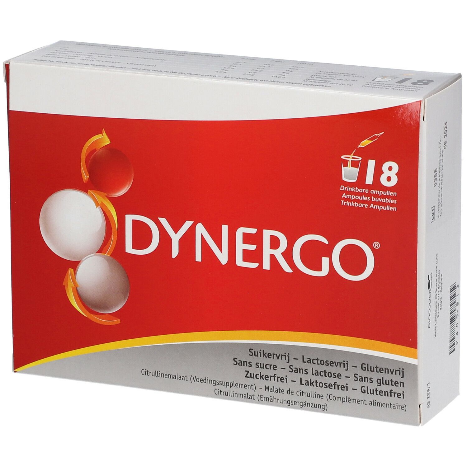 Boîte rouge et blanche avec logo DYNERGO et 18 ampoules. Contient des informations sur l'absence de sucre, de lactose et de gluten.