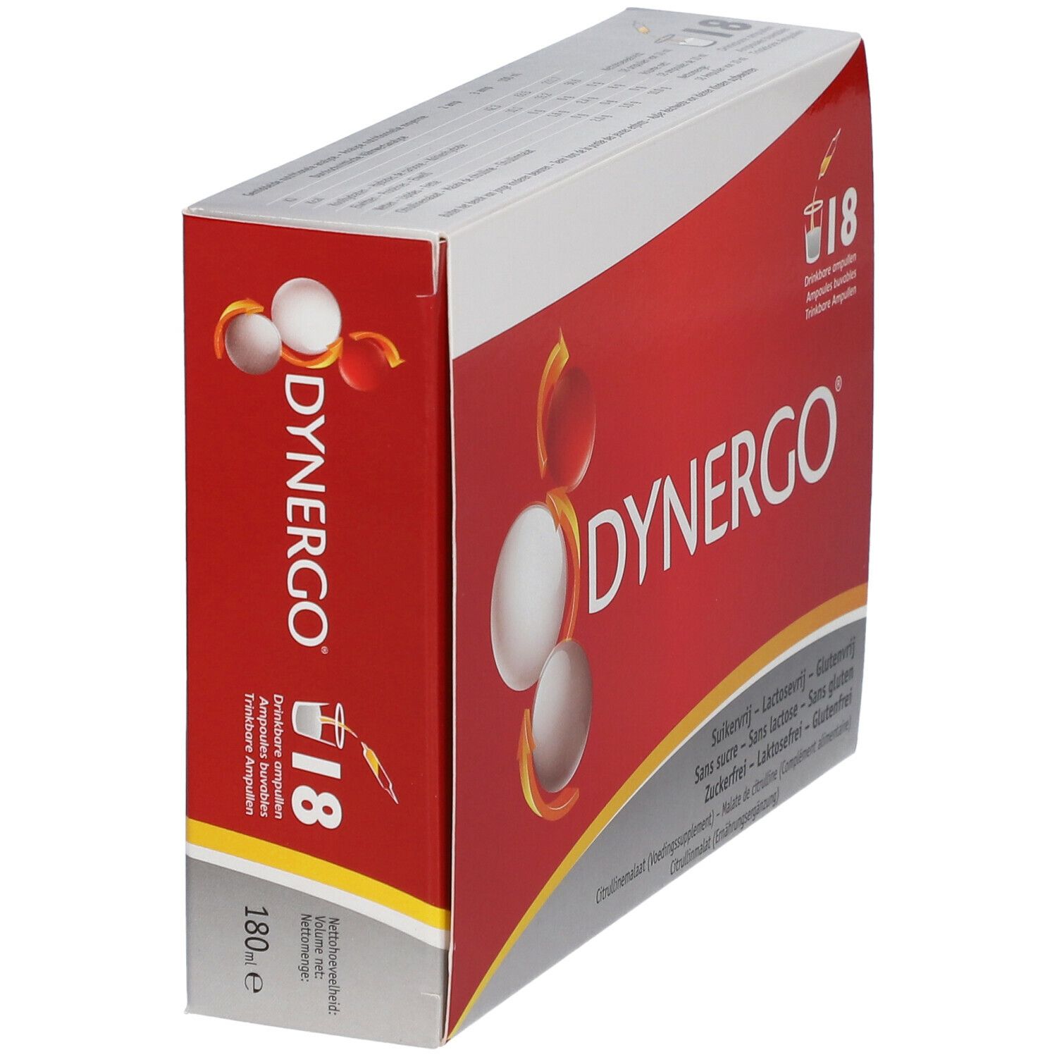 Boîte DYNERGO avec 18 ampoules. Informations sur l'absence de sucre, de lactose et de gluten. Vue en perspective.