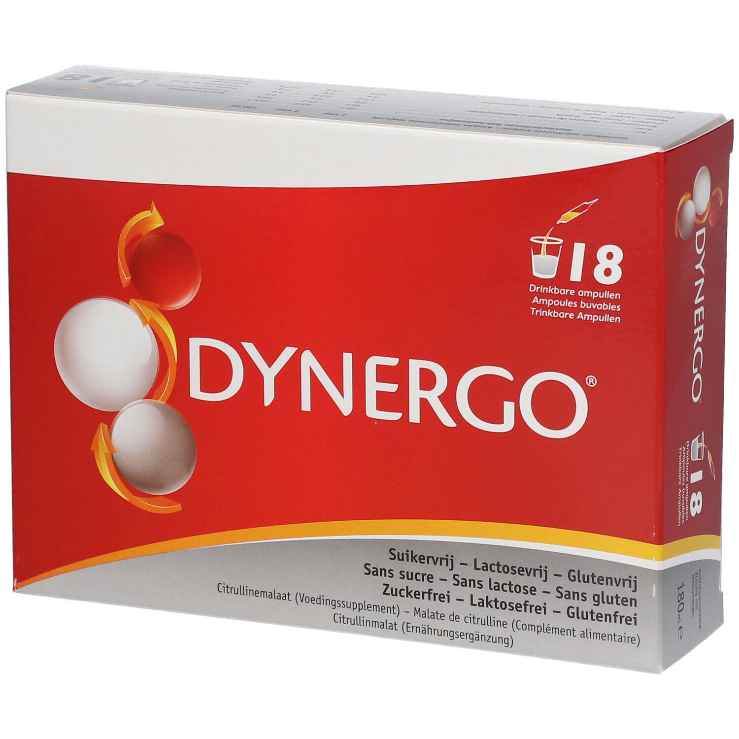 Boîte rouge et blanche avec logo DYNERGO et 18 ampoules. Contient des informations sur l'absence de sucre, de lactose et de gluten.