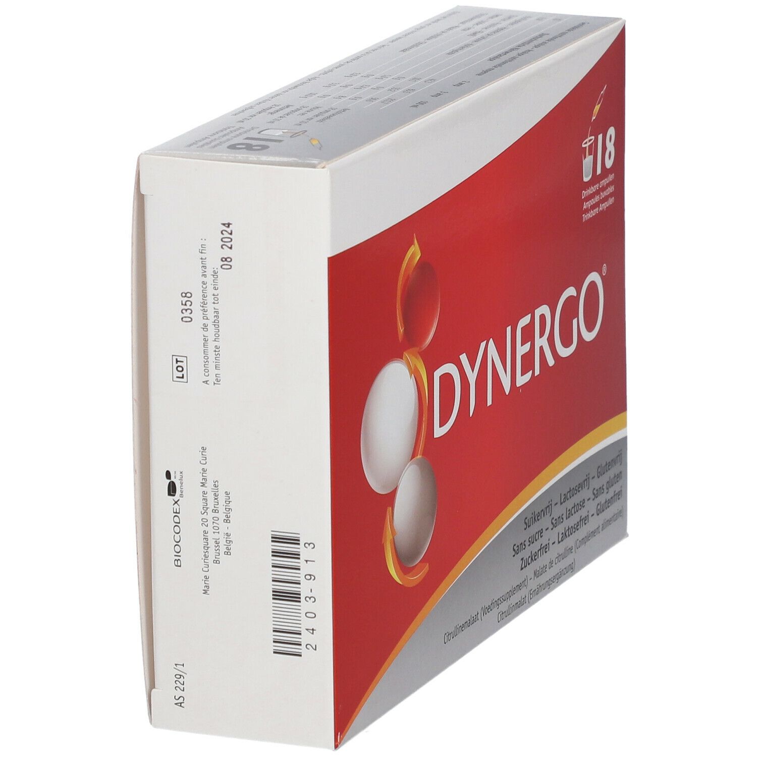 Boîte DYNERGO avec 18 ampoules. Informations sur l'absence de sucre, de lactose et de gluten. Avec numéro de lot.