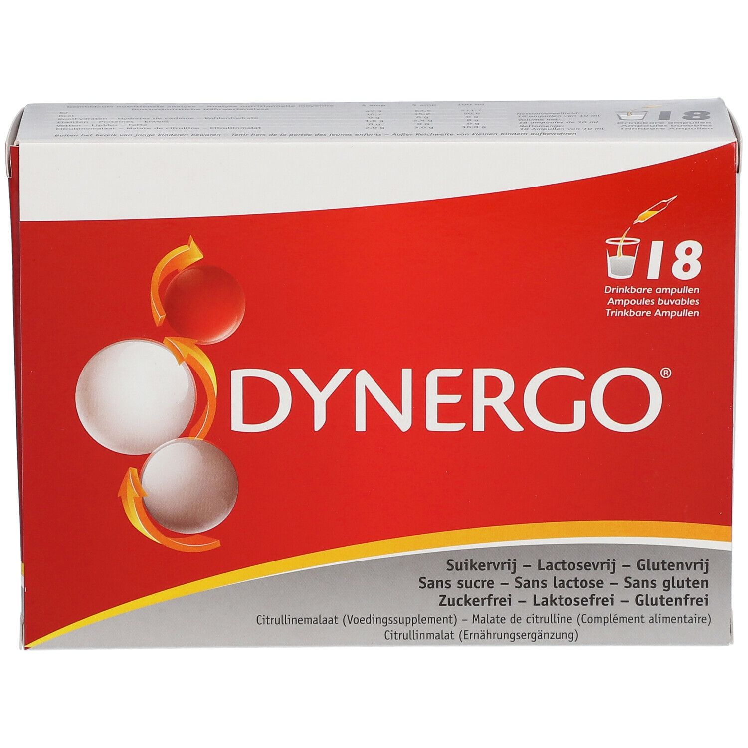 Boîte rouge et blanche avec logo DYNERGO et 18 ampoules. Contient des informations sur l'absence de sucre, de lactose et de gluten.